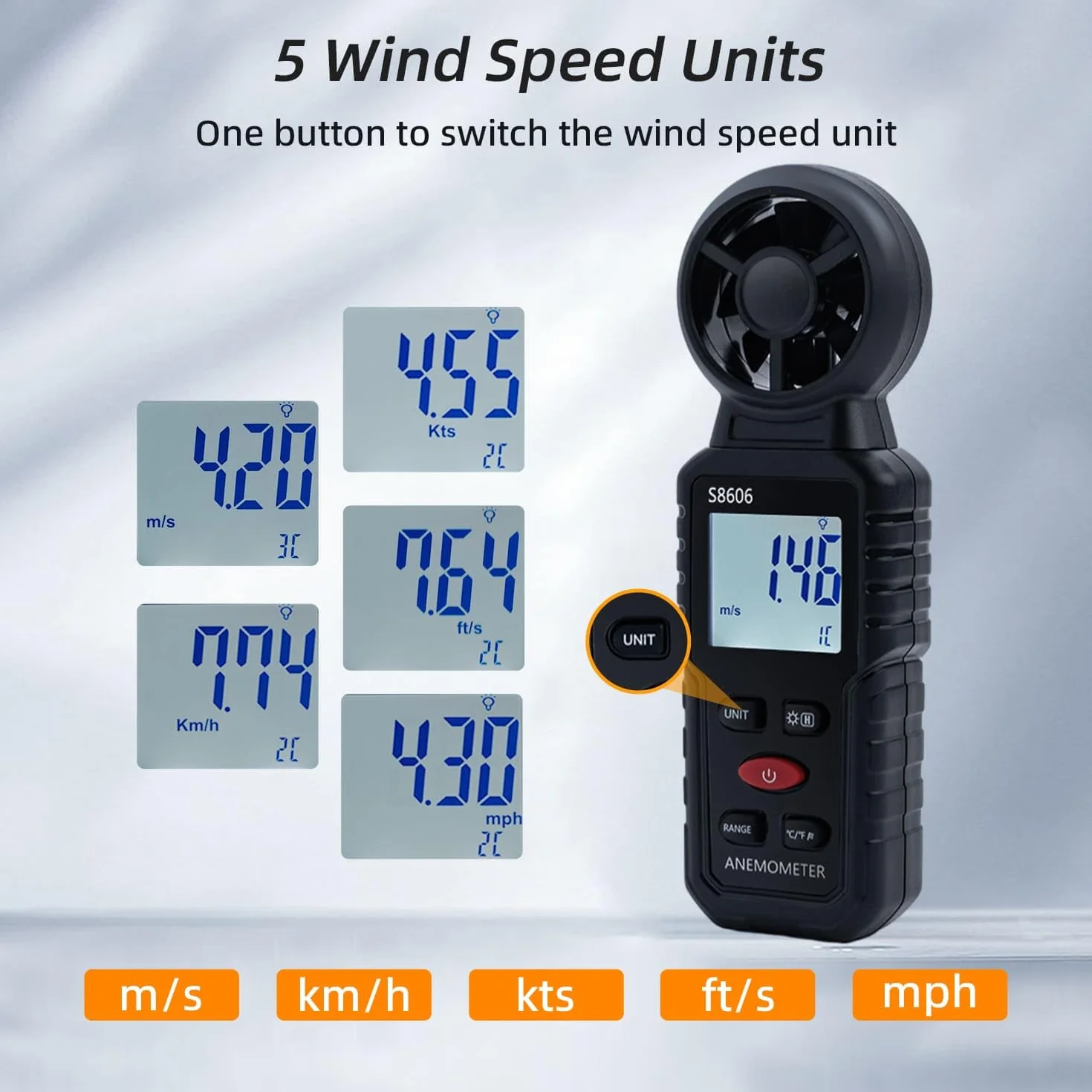 Mcbazel 3 w 1 Cyfrowy Anemometr z wyświetlaczem LCD, miernik prędkości wiatru Tester prędkości przepływu powietrza Termometr zewnętrzny Drony, Polowanie, wędkowanie
