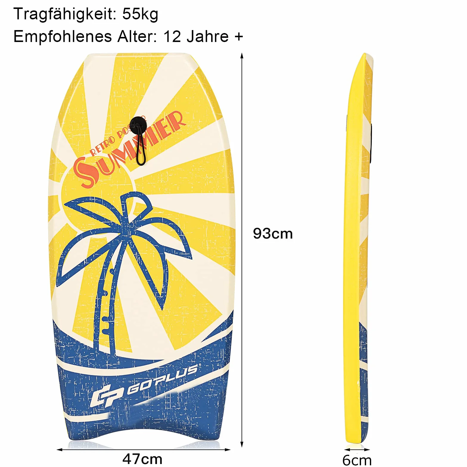 COSTWAY deska do pływania surfingowa dla dzieci 93x47 cm z linką na nadgarstek żółta