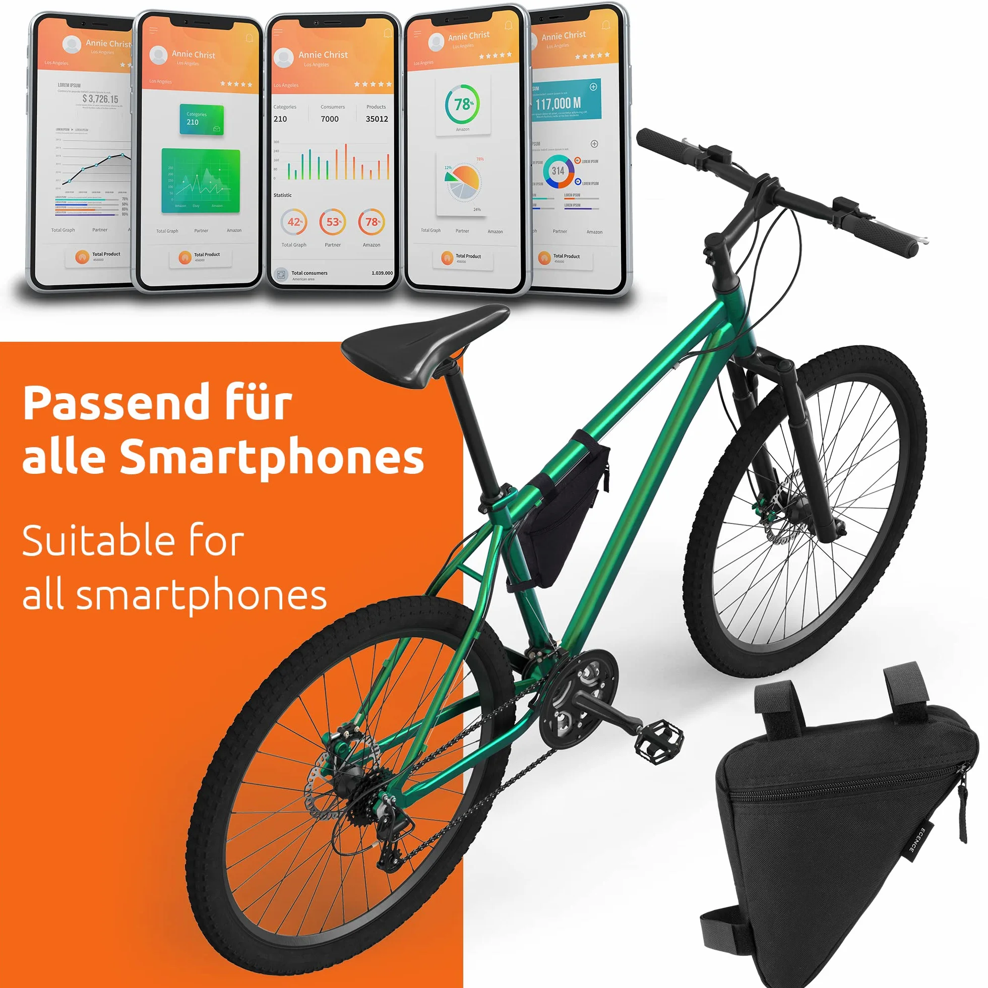 ECENCE Wodoodporna torba rowerowa na ramę na telefon, pieniądze, dowód osobisty