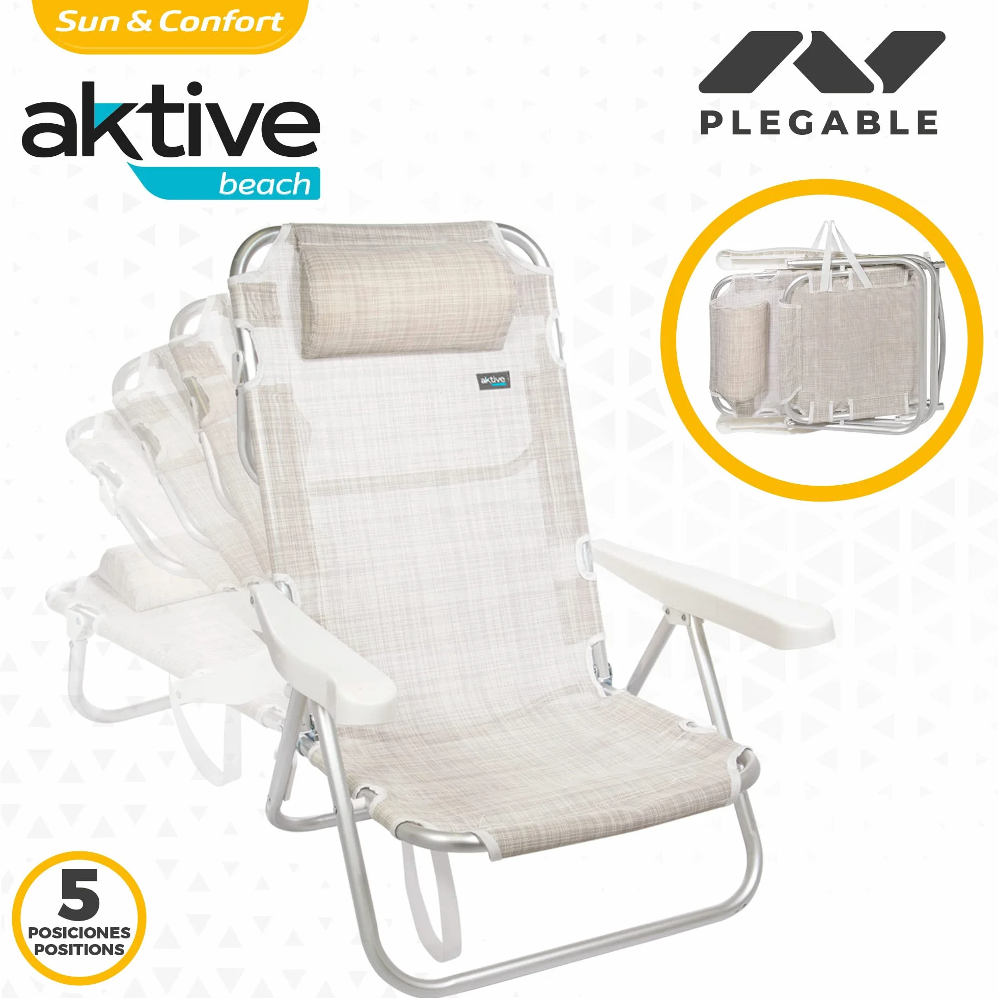 Aktive 62254-2-pak wielopozycyjnych składanych krzeseł, na plażę, do ogrodu, na taras lub kemping, 5 różnych pozycji, wysokość 21 cm, wymiary 48 x 45,5 x 84 cm, wzmocniony uchwyt do noszenia