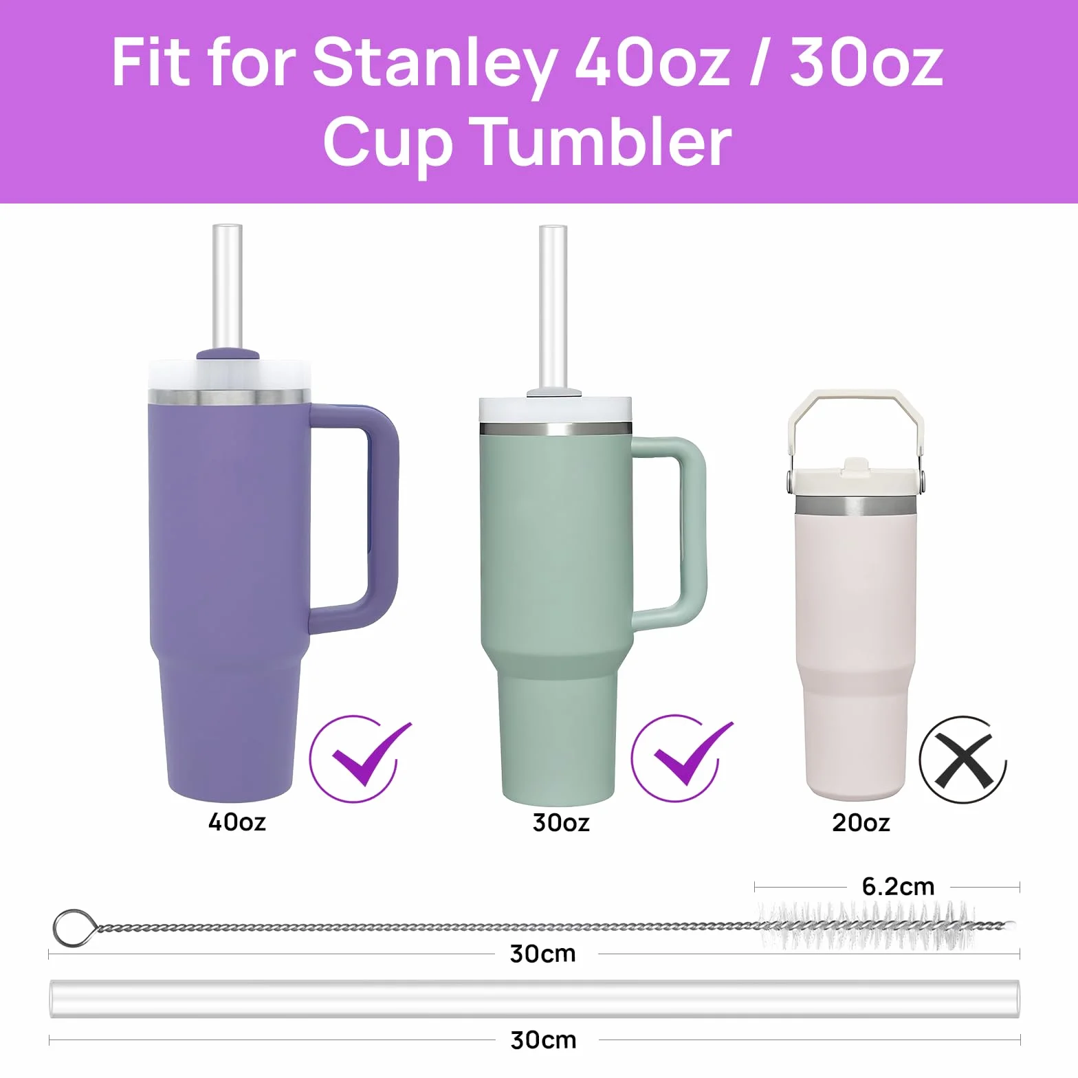 Stanley Cup, 6 słomek, tritan, BPA free, przezroczyste słomki do picia z szczotką czyszczącą 30 cm