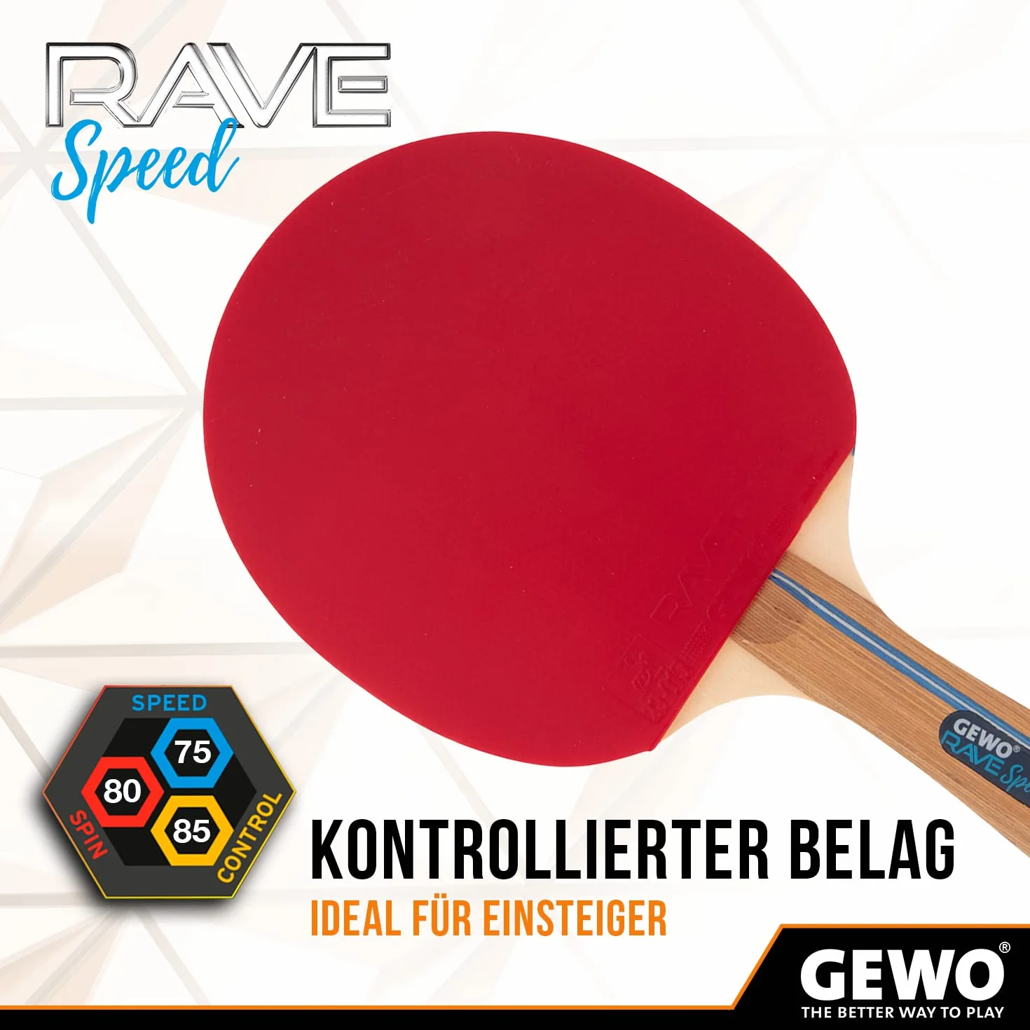 GEWO Rave Speed rakieta do tenisa stołowego – kontrolowana rakieta do tenisa stołowego dla początkujących – kompletna rakietka z powłoką Raver, wysoka kontrola i prędkość, wklęsła, gąbka o grubości 2