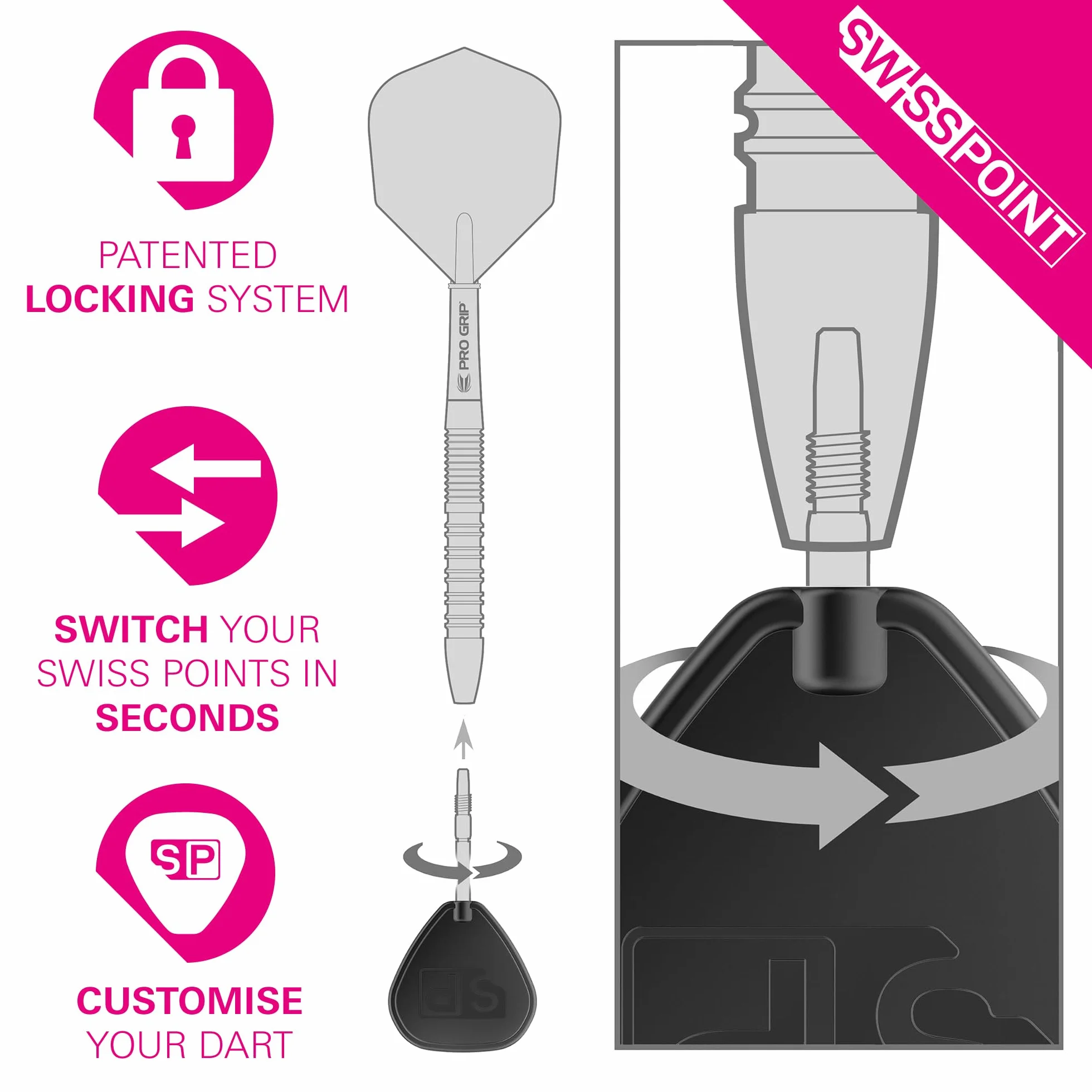 Target Darts Signature Swiss Point TRB Tips 3 Pack 30mm 35mm 42mm Złoto Srebro Czarny