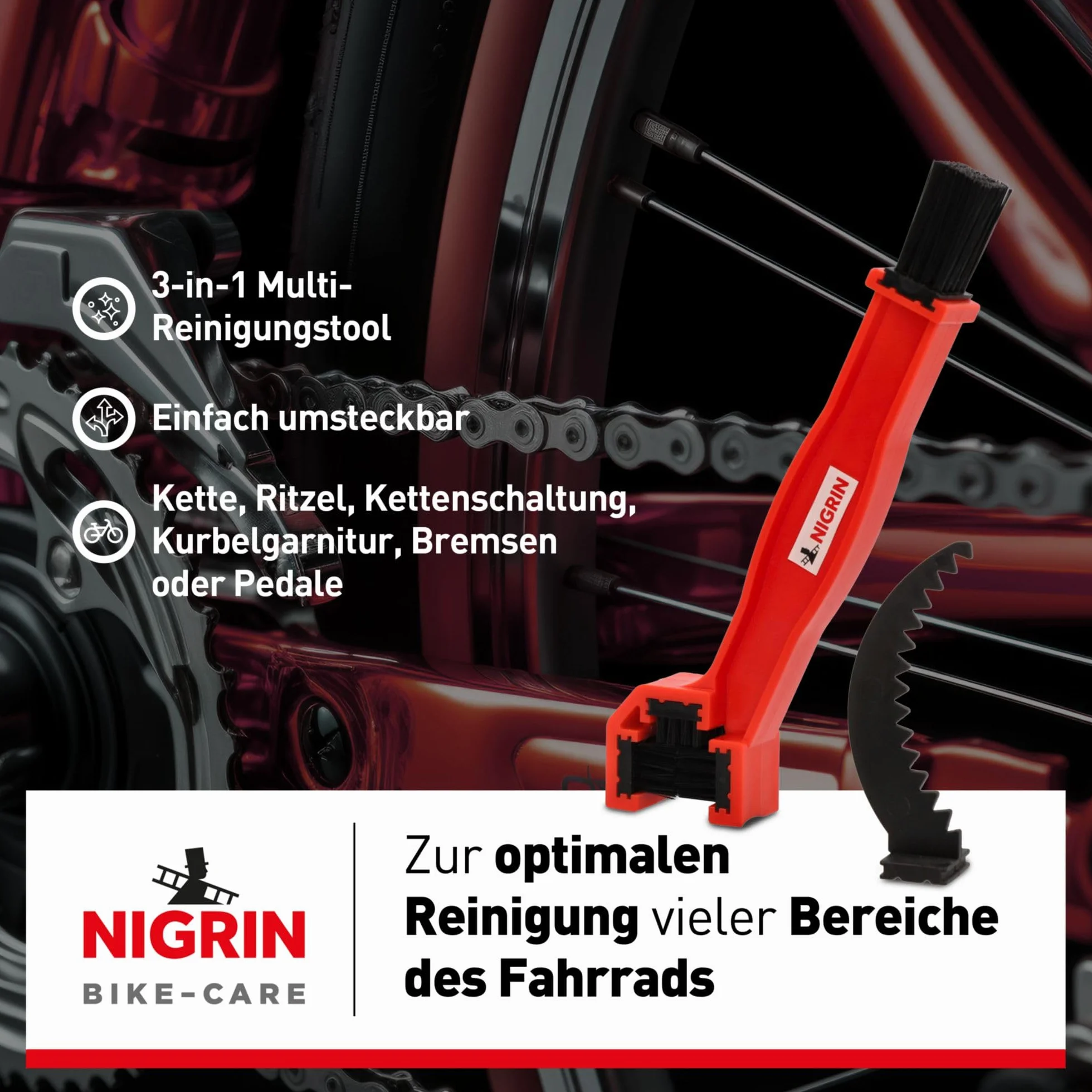 NIGRIN Szczotka do czyszczenia łańcucha rowerowego, 3 w 1, narzędzie wielofunkcyjne, do czyszczenia łańcuchów, zębatek, przerzutek, łatwa wymiana, czarna, czerwona, 1 sztuka