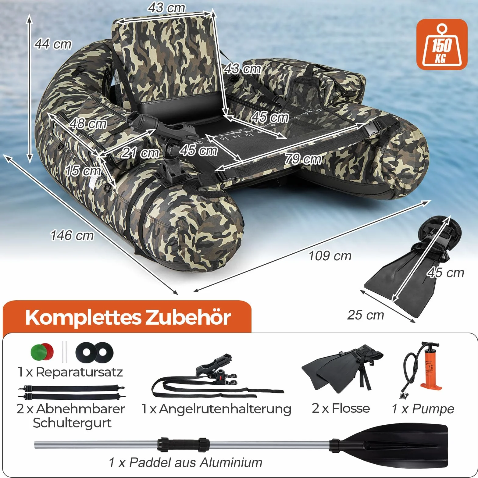 GOPLUS Bellyboat dmuchany ponton wędkarski 150 kg 146x109x44 cm moro