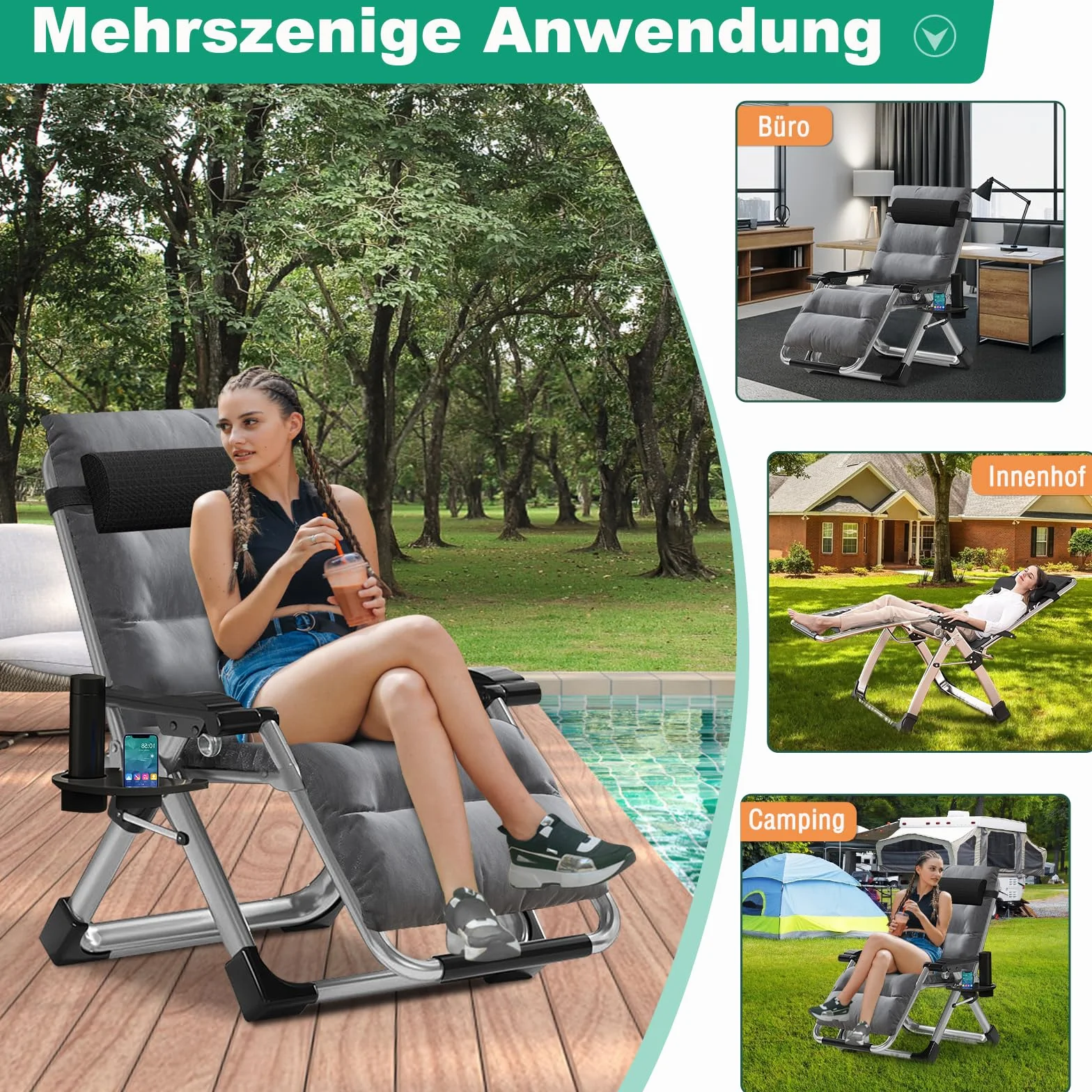 Zero Gravity Chair - Składany leżak z nakładką i kieszenią boczną, regulowany fotel relaksacyjny do salonu, na balkon, do ogrodu, na plażę lub basen, obciążenie 200 kg