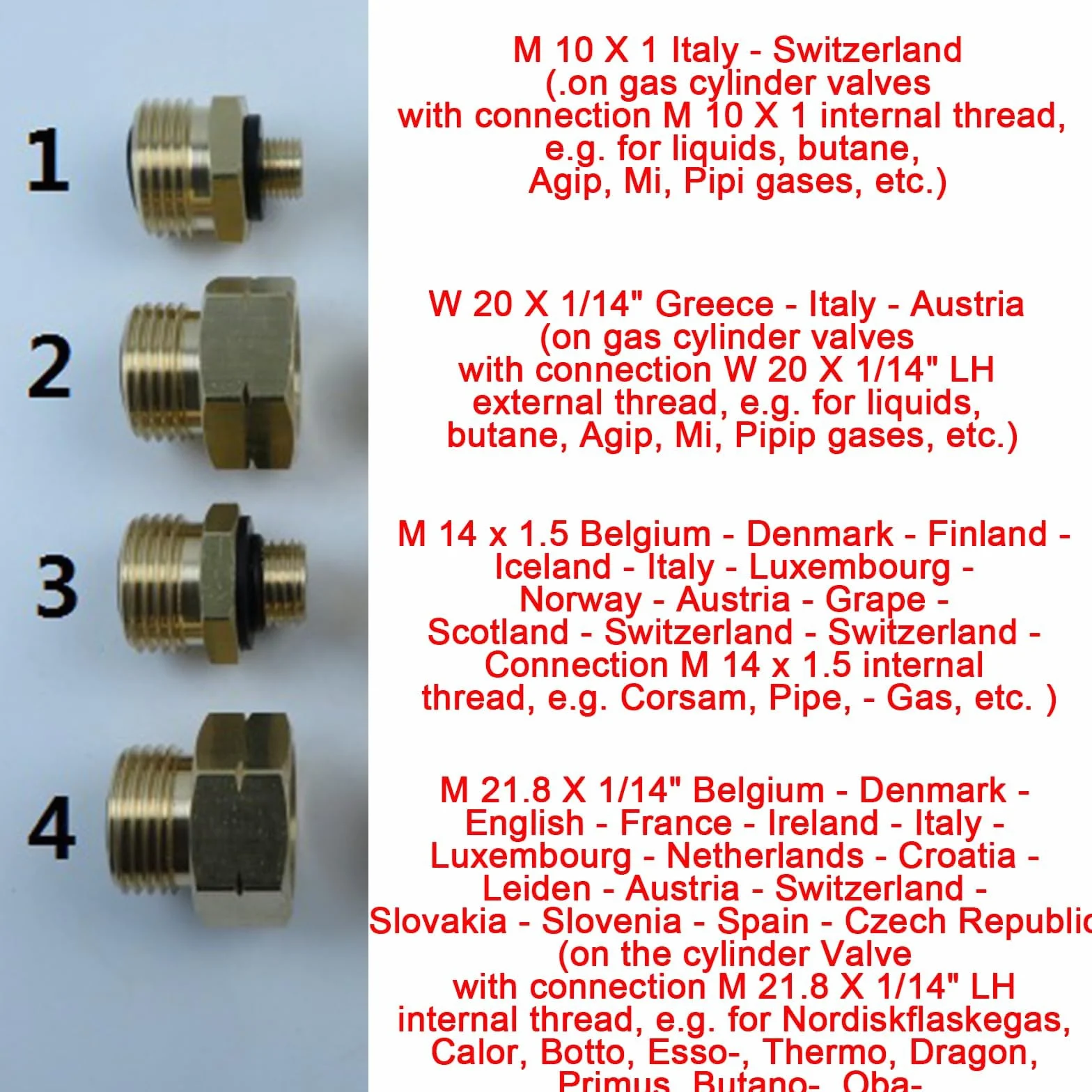 4-częściowy zestaw adapterów do butli gazowych, adapter do butli gazowych, adapter Euro do butli gazowych, do napełniania niemieckich butli gazowych za granicą, mosiężny adapter do butli gazowych w
