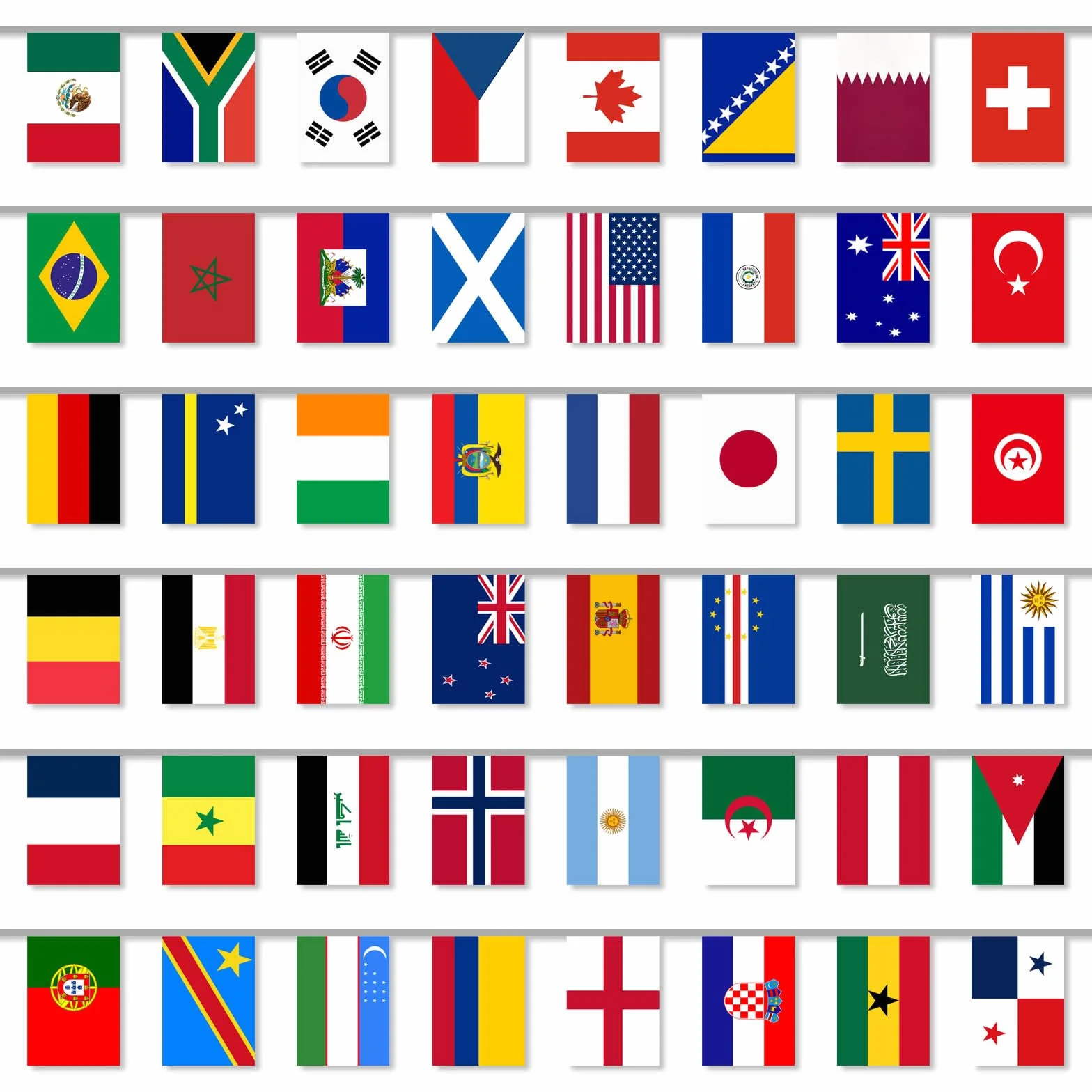 Łańcuch flag na MŚ 2026, 48 krajów, girlanda z flagami Mistrzostw Świata, 28 x 20 cm lub 20 x 14 cm, ok. 20 m / 15 m, dekoracja do klubu, ogródka piwnego, USA, Meksyk, Kanada, rachunek VAT (20 x 14 cm