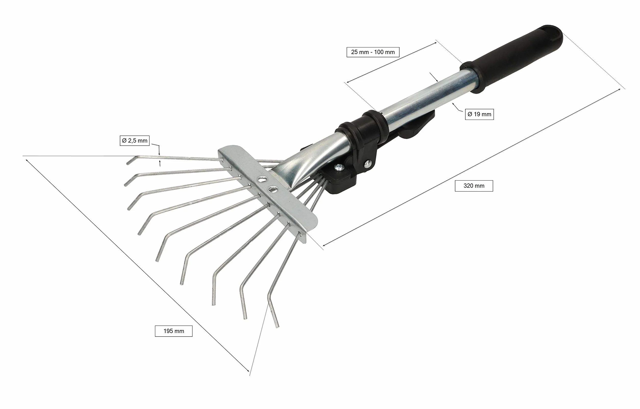 KOTARBAU® Grabki Wachlarzowe Regulowane - 20 cm - Mini Grabie - Małe Grabki Do Rabat - 9 Zębów - Metalowe - Srebrne - Aluminiowy Trzonek Teleskopowy - 2,5-10 cm