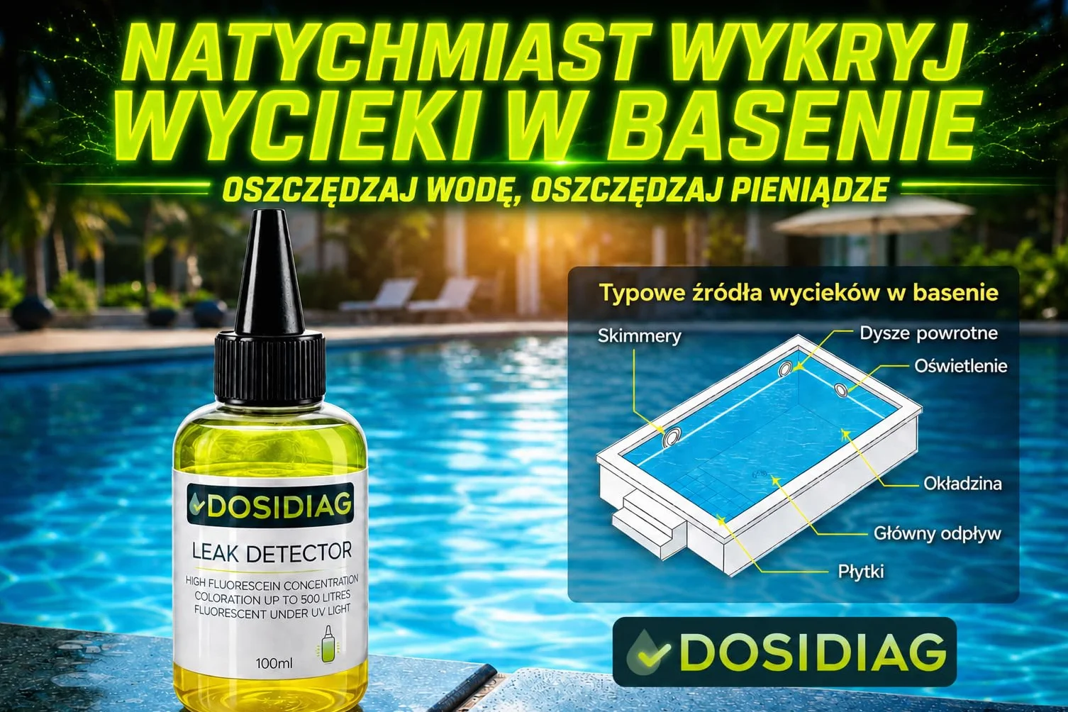 Detektor wycieku DOSIDIAG | Uniwersalny wykrywacz wycieków: basen, spa, instalacja sanitarna, dach, samochód | wysoka koncentracja fluoresceiny | barwnik do lokalizacji wycieków