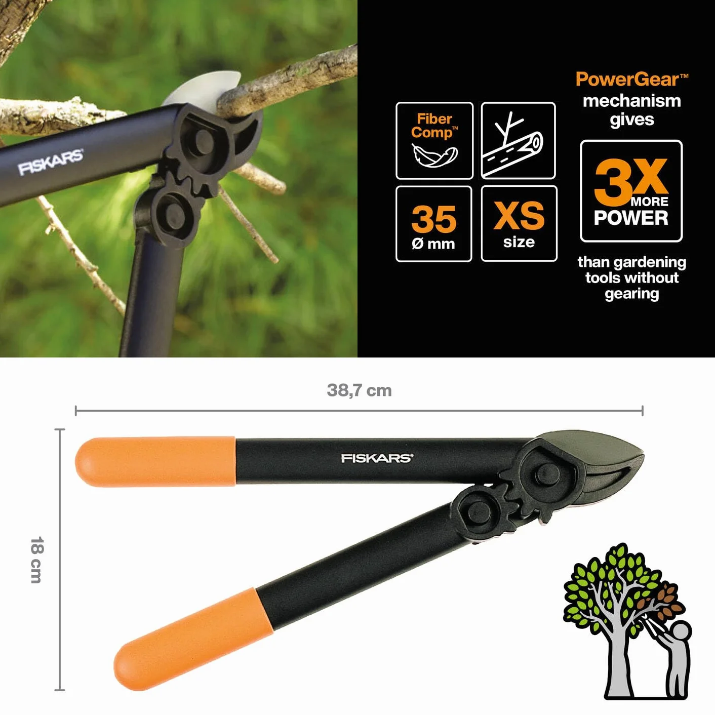Fiskars PowerGear Sekator kowadełkowy do suchych i twardych gałęzi, Powłoka nieprzywierająca, Hartowana stal, Długość: 39 cm, czarny/ pomarańczowy, L31, 1000581