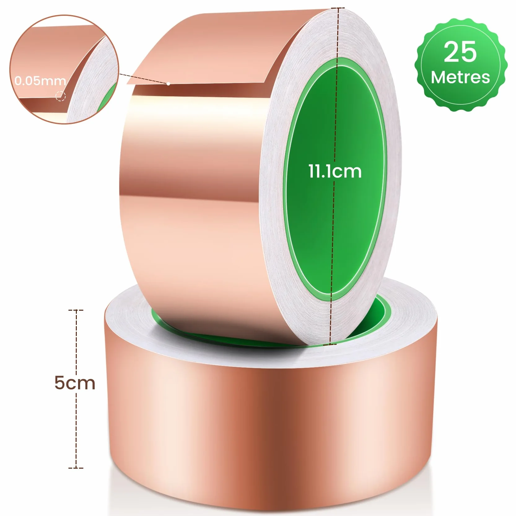 Taśma miedziana przeciwko ślimakom | Taśma miedziana dwustronna przewodząca EMI, 25 m x 50 mm | Taśma ekranująca samoprzylepna | do uziemiania, lutowania i ochrony przed ślimakami