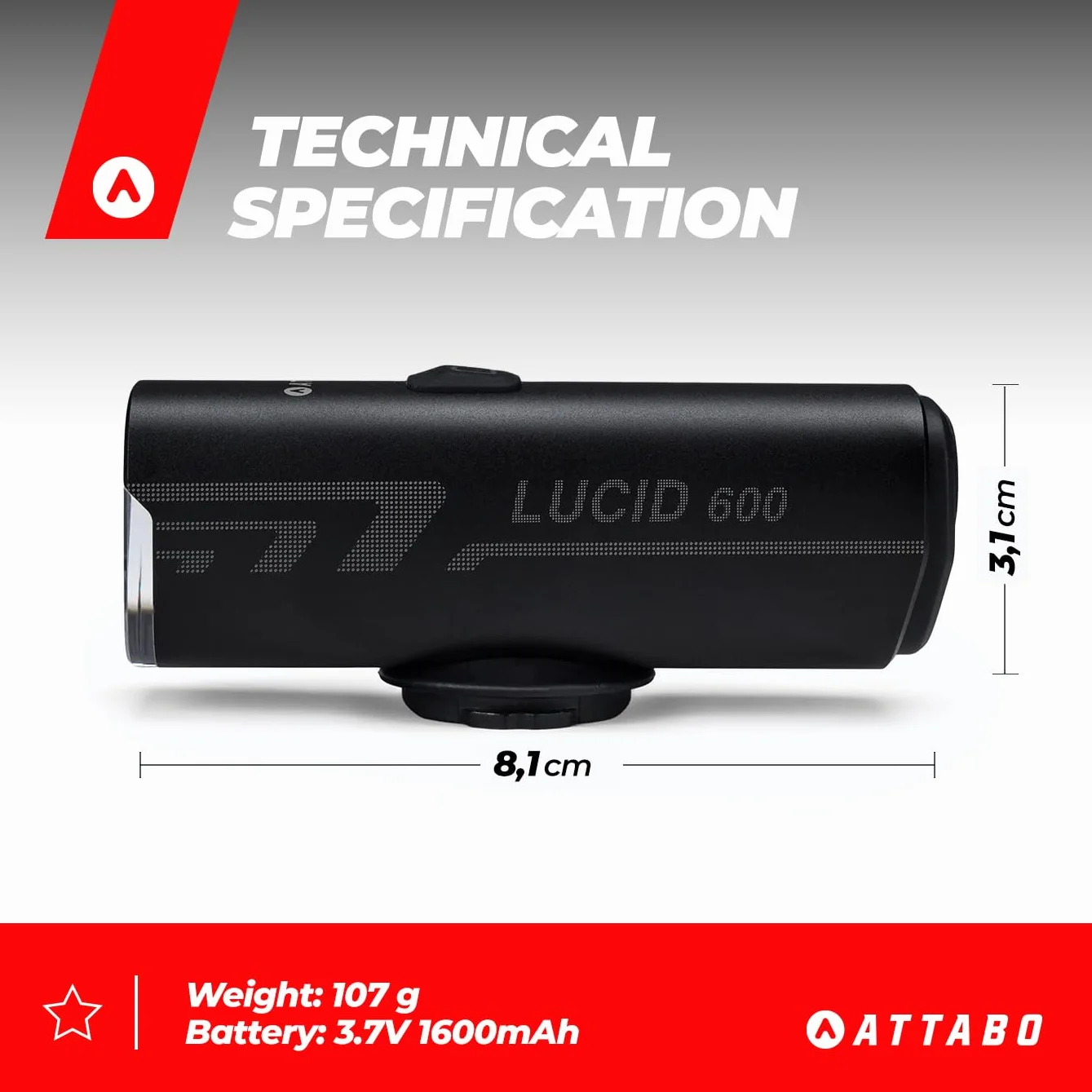 ATTABO LUCID 600 Lampka Rowerowa Przednia ATB-L600 z Akumulatorem 1600 mAh USB-C