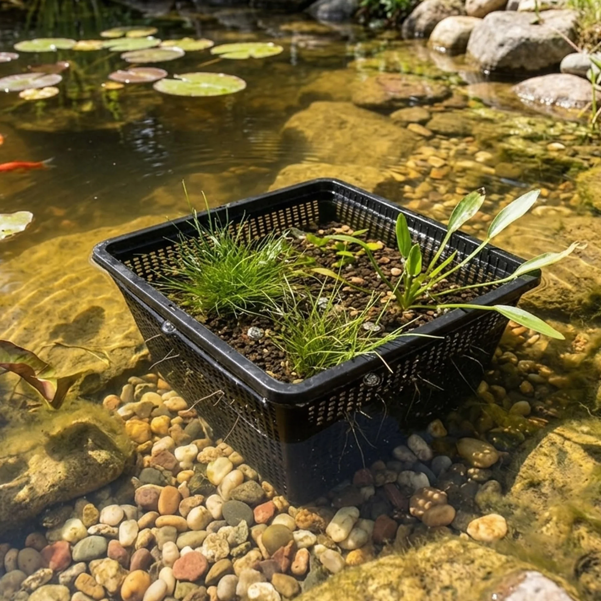 HAPPET Koszyk do roślin wodnych stawowy 19×19 cm kwadratowy – czarny, trwała donica do oczek wodnych, zapobiega wypłukiwaniu podłoża