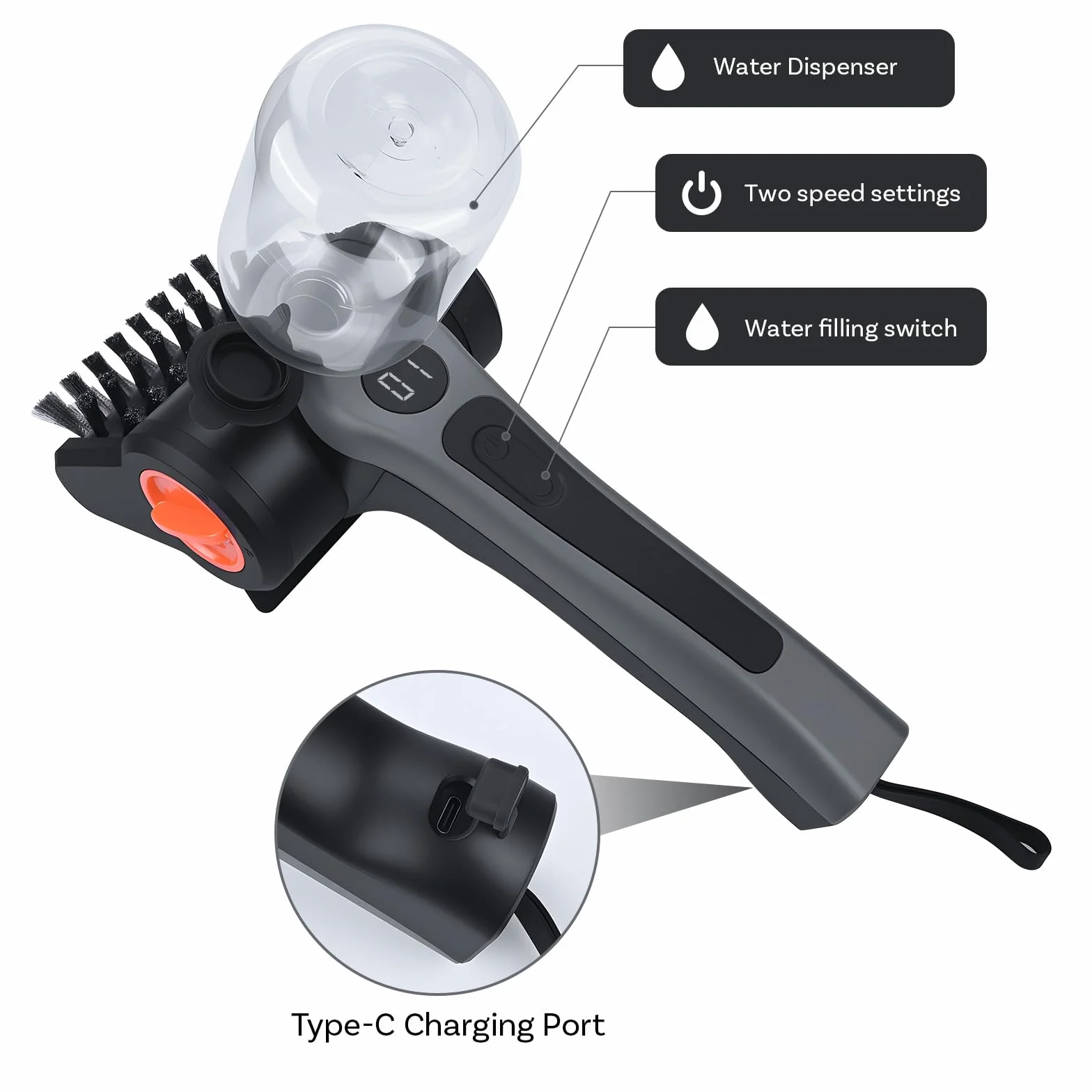 Elektryczna Szczotka do Grilla z Zbiornikiem Wody 300ml firmy MMOBIEL – Bezprzewodowy Środek do Czyszczenia BBQ z 2 Prędkości, Silnik 100W, Ładowanie USB-C, Ergonomiczny Uchwyt, Etui i Rękawice