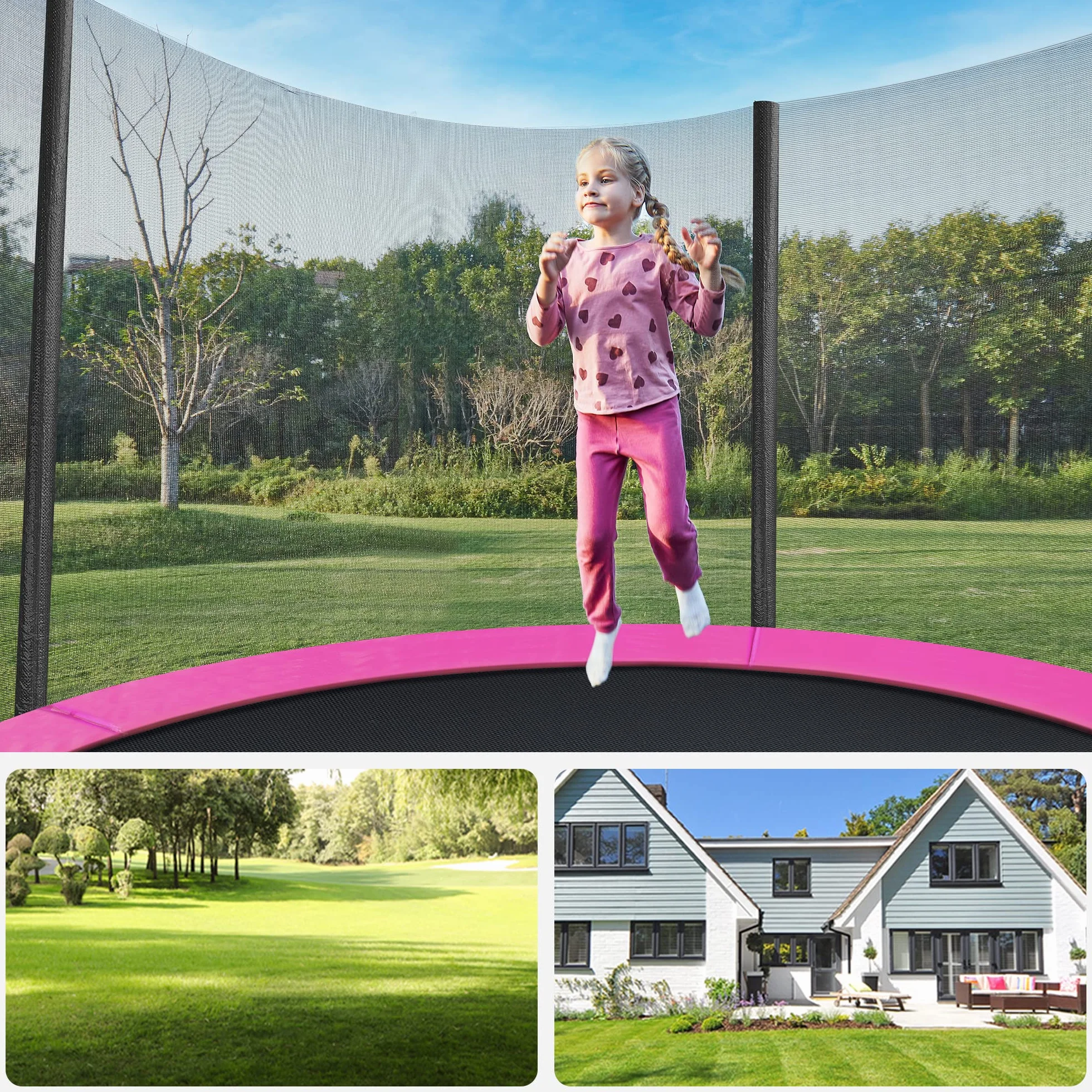 SONGMICS trampolina zewnętrzna, trampolina ogrodowa Ø 183 cm, z siatką zabezpieczającą, osłoną zabezpieczającą, nośność do 100 kg, do ogrodu, różowa STR061P01