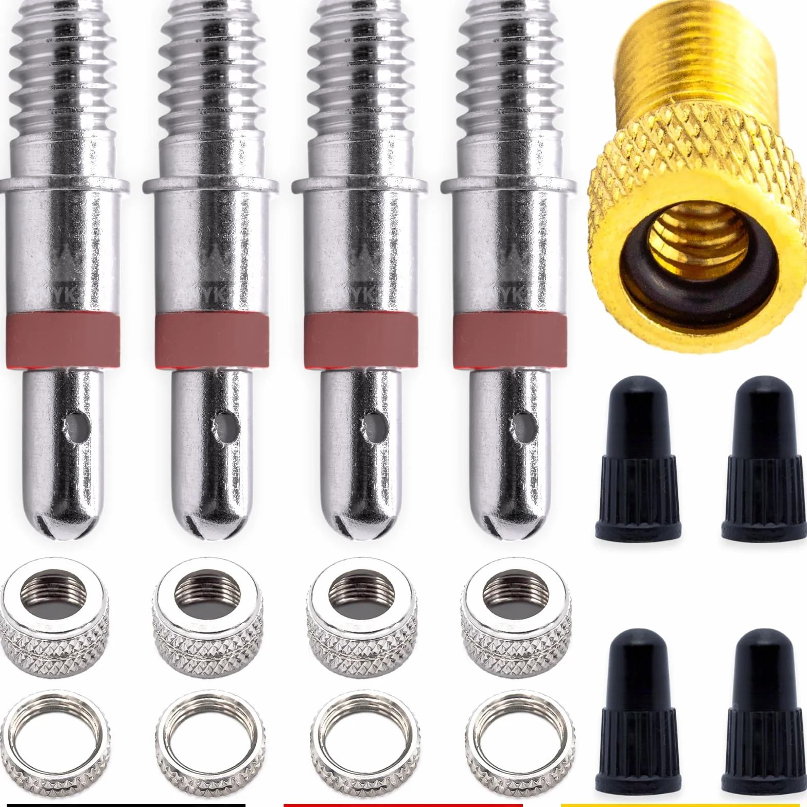 Kompletny zestaw 17-częściowy zamiennik zaworu rowerowego: 4 x zawór rowerowy Dunlop Lightning Valve + adapter AV jako uchwyt pompy powietrza do zaworu samochodowego + nakrętka pokrywy zaworu