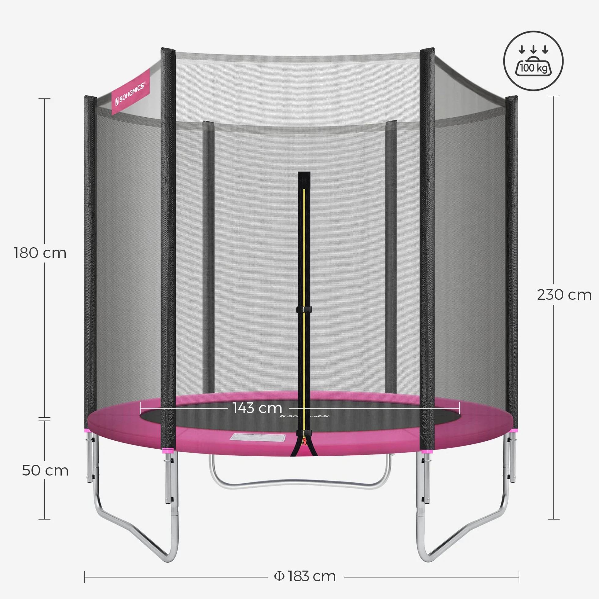 SONGMICS trampolina zewnętrzna, trampolina ogrodowa Ø 183 cm, z siatką zabezpieczającą, osłoną zabezpieczającą, nośność do 100 kg, do ogrodu, różowa STR061P01