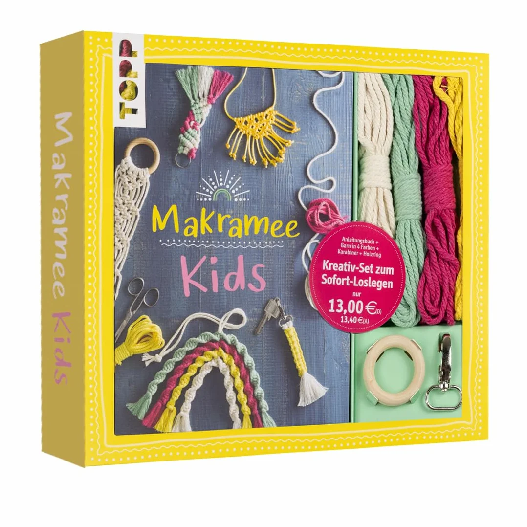 Kreativ-Set Makramee Kids: Buch mit Grundlagen und Anleitungen für tolle Makramee-Projekte, Garn in 4 Farben, Holzring und Schlüsselanhänger für Regenbogen und Schlüsselanhänger (Buch plus Material)
