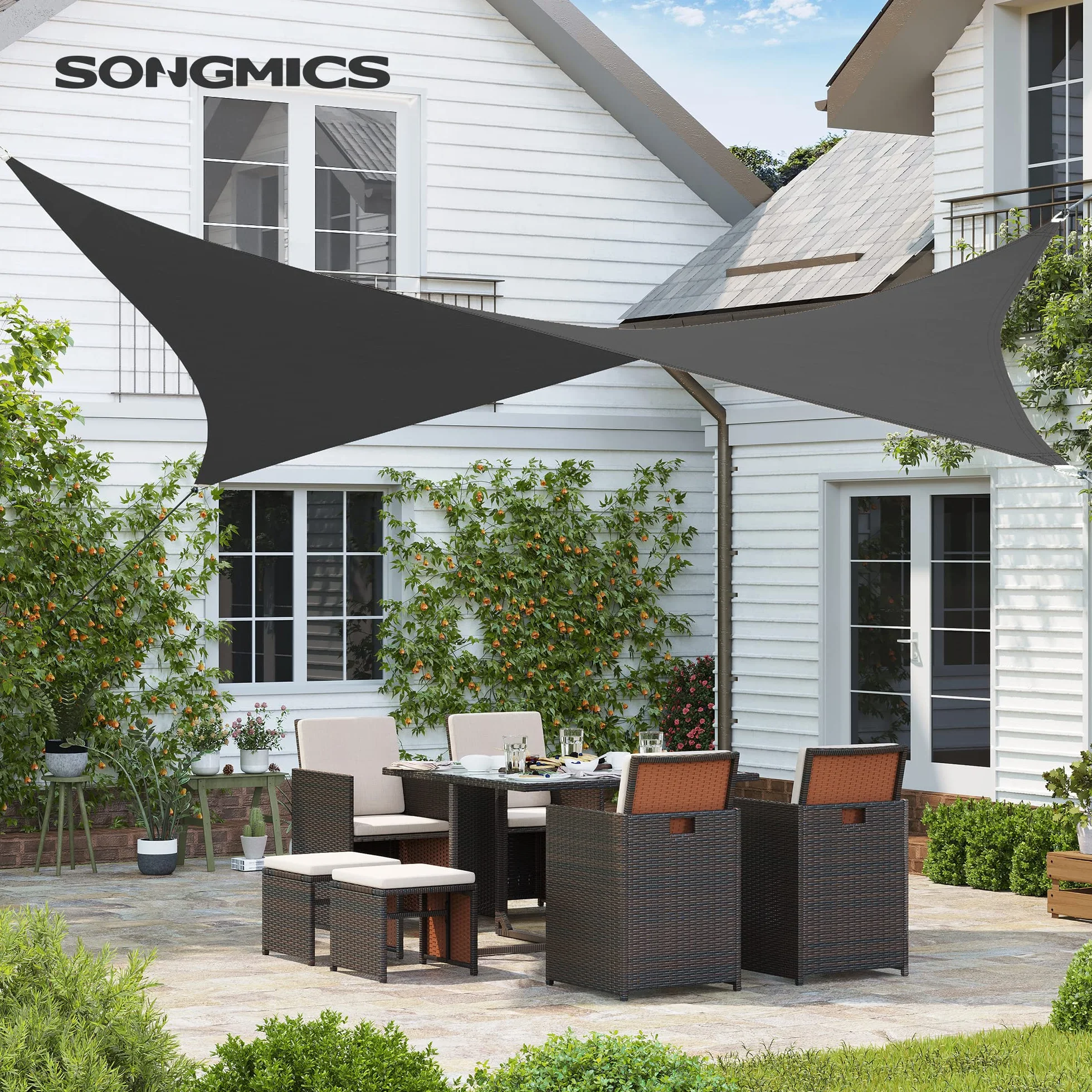 SONGMICS Żagiel przeciwsłoneczny 3 x 5 m, ochrona przed słońcem z tkaniny HDPE, przepuszczająca powietrze, przepuszczająca wodę, na taras, do ogrodu, na balkon, kemping, prostokątny, wklęsły, 2 m