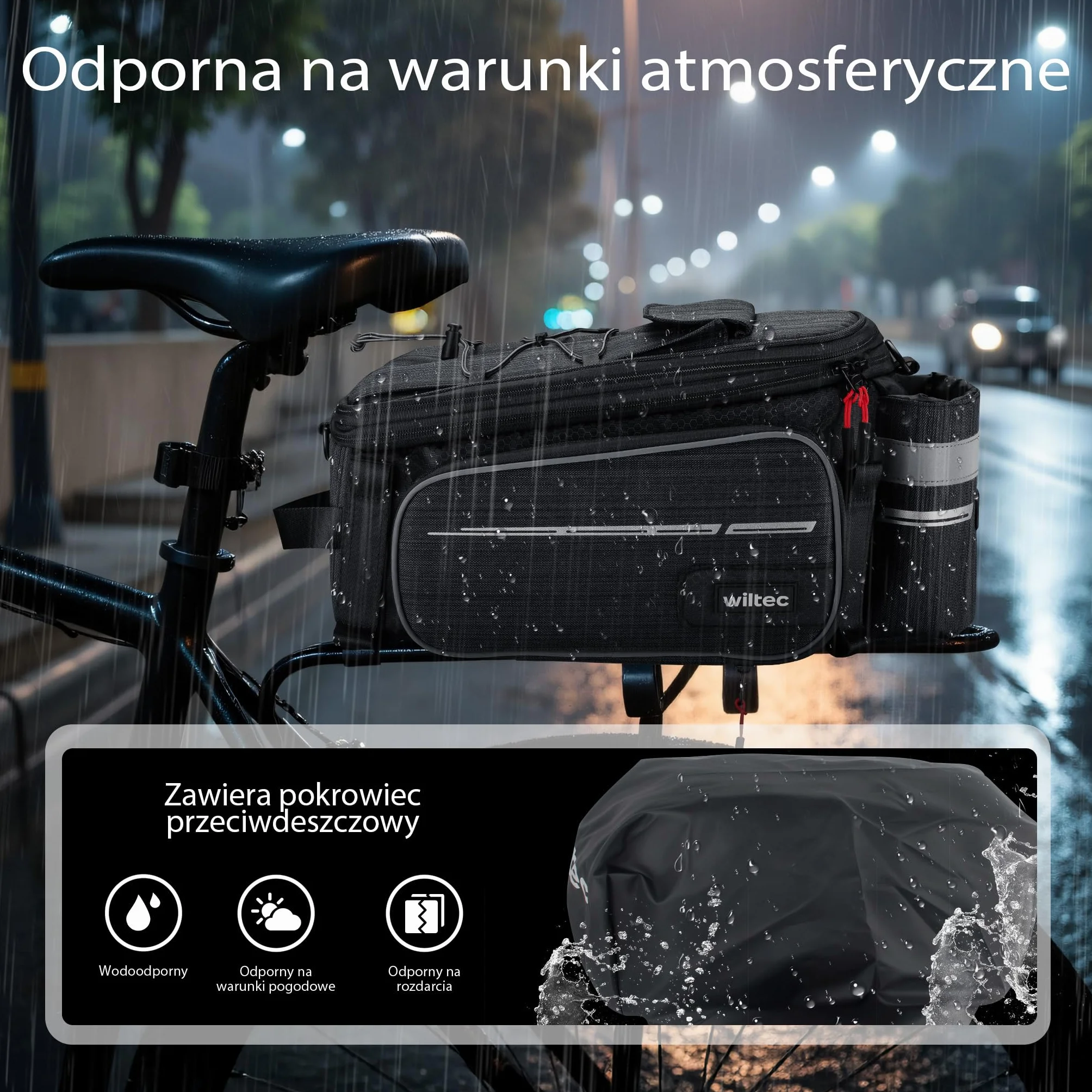 Wiltec sakwa rowerowa 20 l wodoodporna czarna 3 przegrody montaż na bagażnik