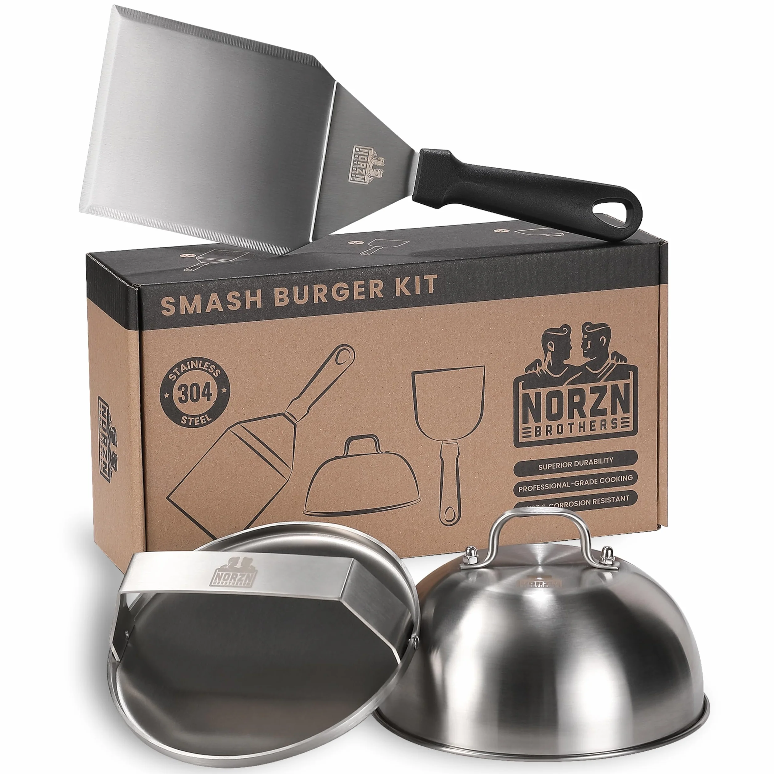 Zestaw do Smash Burgera – Prasa do Smash Burgera, Szpatułka BBQ, Pokrywa do Burgerów, Prasa do Mięsa, Stal Nierdzewna 304, Bezpieczny kontakt z żywnością, 10-letnia Gwarancja