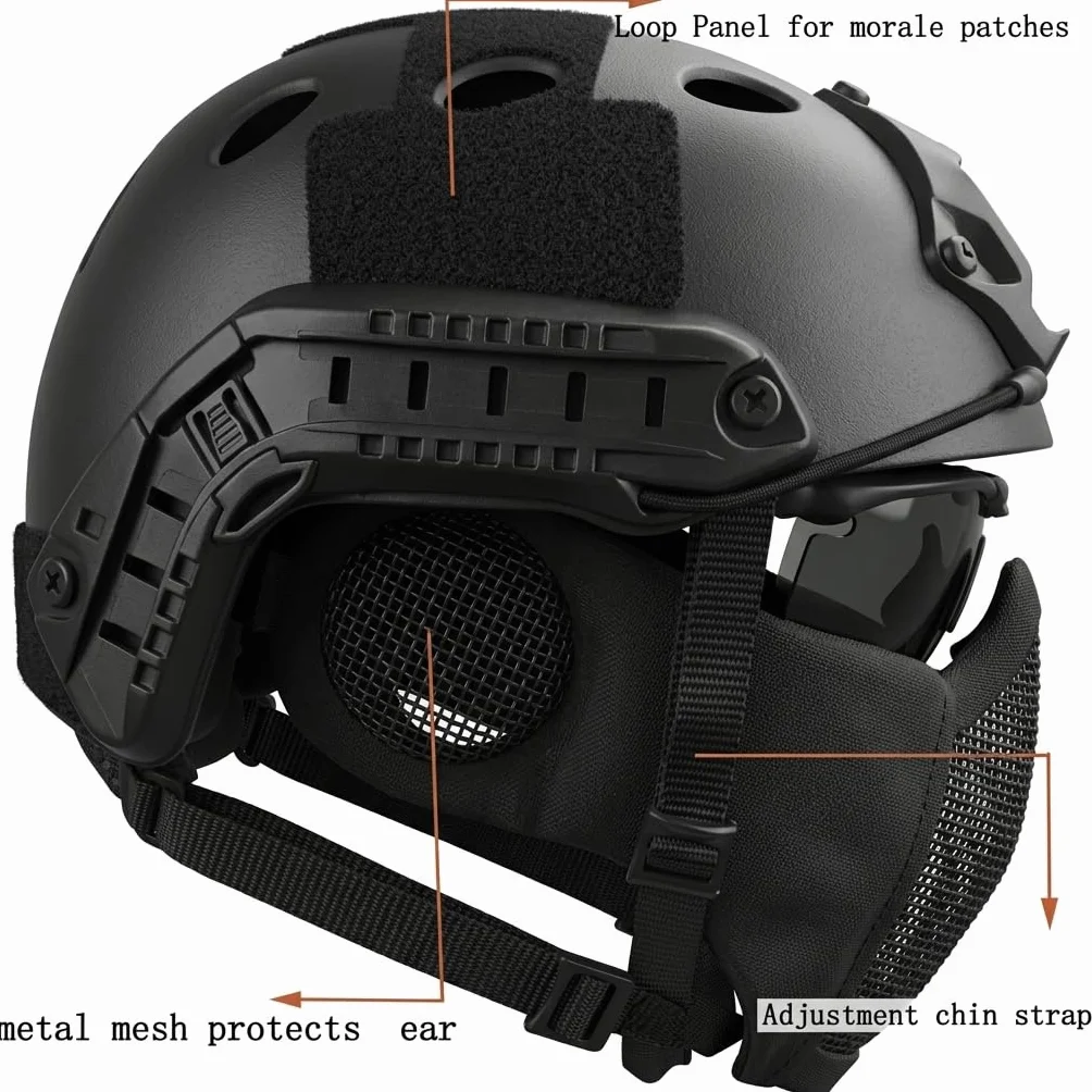MH taktyczny szybki kask w połączeniu, ze składaną ochroną słuchu, półmaska ​​z siateczką i goglami do zestawu gier Airsoft Paintball CS