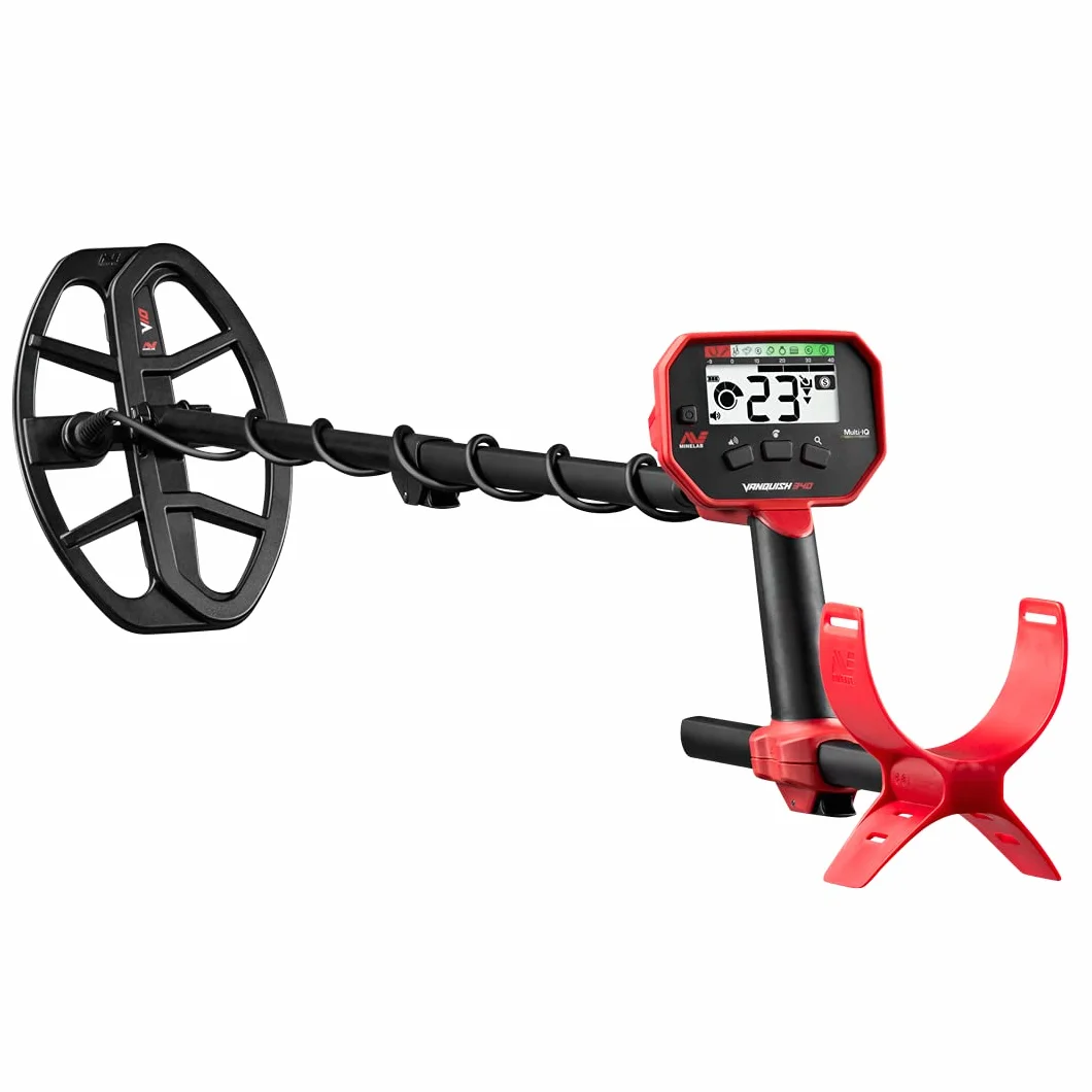 Minelab Vanquish 340 wieloczęstotliwościowy automatyczny wybór wykrywacz metali dla dorosłych z wodoodporną cewką V10 25 x 18 cm Double D (3 tryby wykrywania)