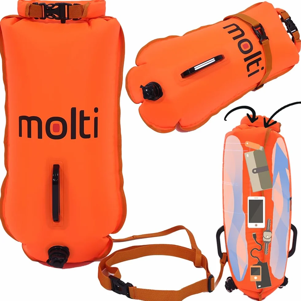 molti 2 w 1 nadmuchiwana boja do pływania i worek na sucho, 15 l, 28 l, boja dla dorosłych, Baywatch Boja z gwizdkiem alarmowym i pokrowcem na telefon komórkowy, kolor pomarańczowy, bezpieczeństwo