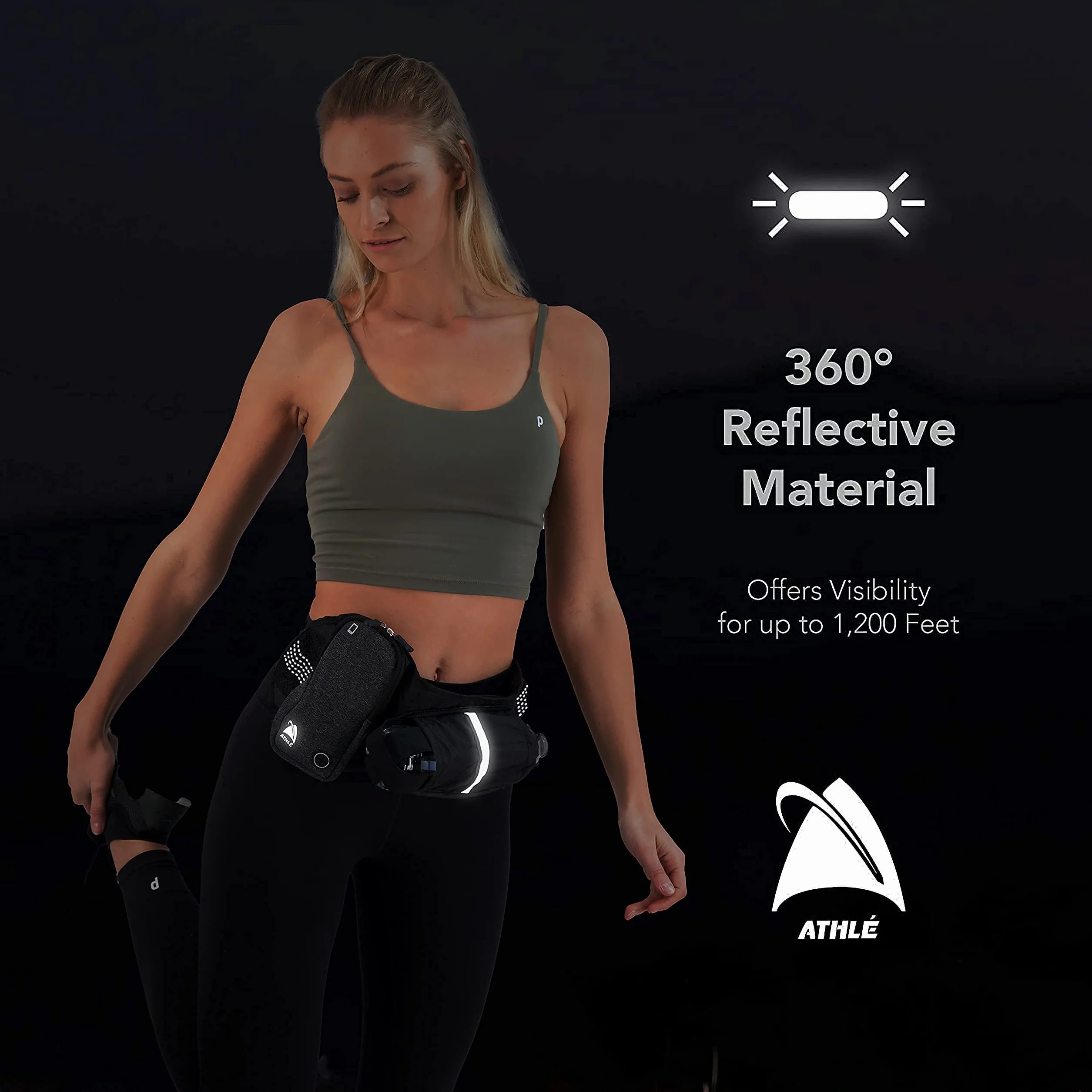 Running Belt Water Bottle Pouch Pozioma, duża kieszeń Fanny Pack Nadaje się do większości telefonów i portfeli, regulowany pasek w pasie jeden rozmiar, breloczek do kluczy, odblaskowy 360 czarny