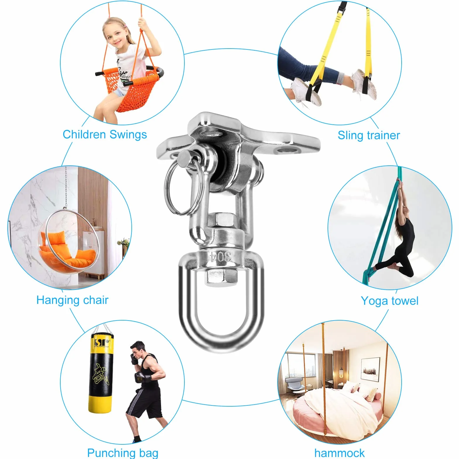 Hak sufitowy, fotel wiszący, obracany o 360°, hak na huśtawkę, pojemność 500 kg, stal nierdzewna, uchwyt sufitowy, hak sufitowy, do betonu, drewna, hamaków, krzeseł, worka bokserskiego, trapezu