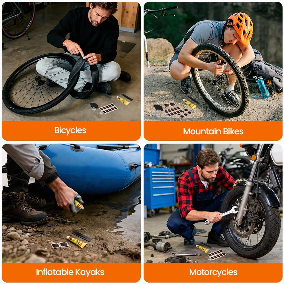Zestaw naprawczy do opon rowerowych z łatkami, łomem i pilnikami