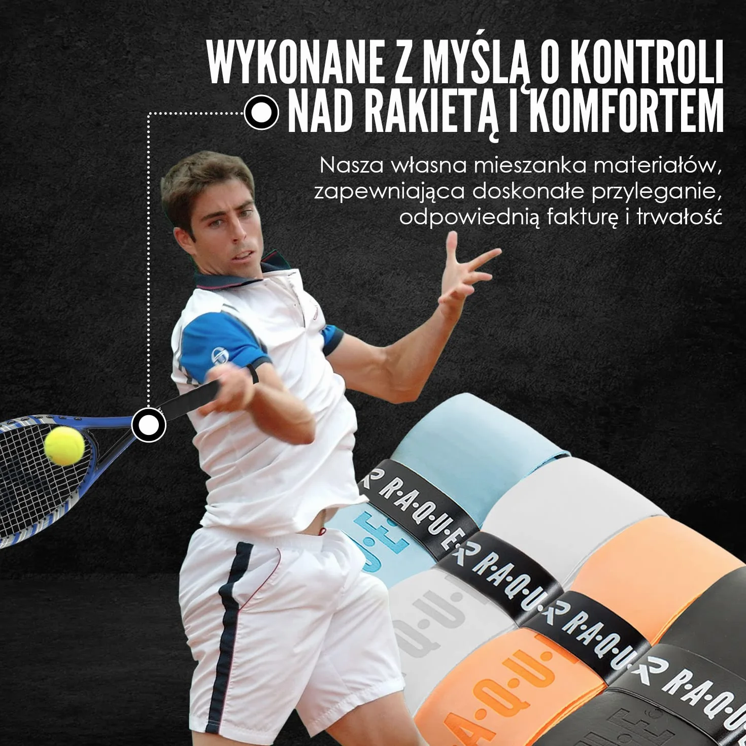 Raquex Zapasowy Uchwyt do Rakiety do Tenisa, Squasha i Badmintona. Samoprzylepna Taśma do Gry w Rakiety, Dostępna w 13 Kolorach