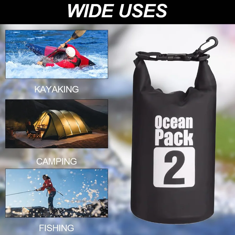 KARELLS Worek wodoszczelny, wodoodporny worek do pakowania z regulowanym paskiem na ramię, wodoodporny worek i worek do pakowania, idealny na łódź, kajak, wędkowanie i kemping, czarny, 2L, Travel