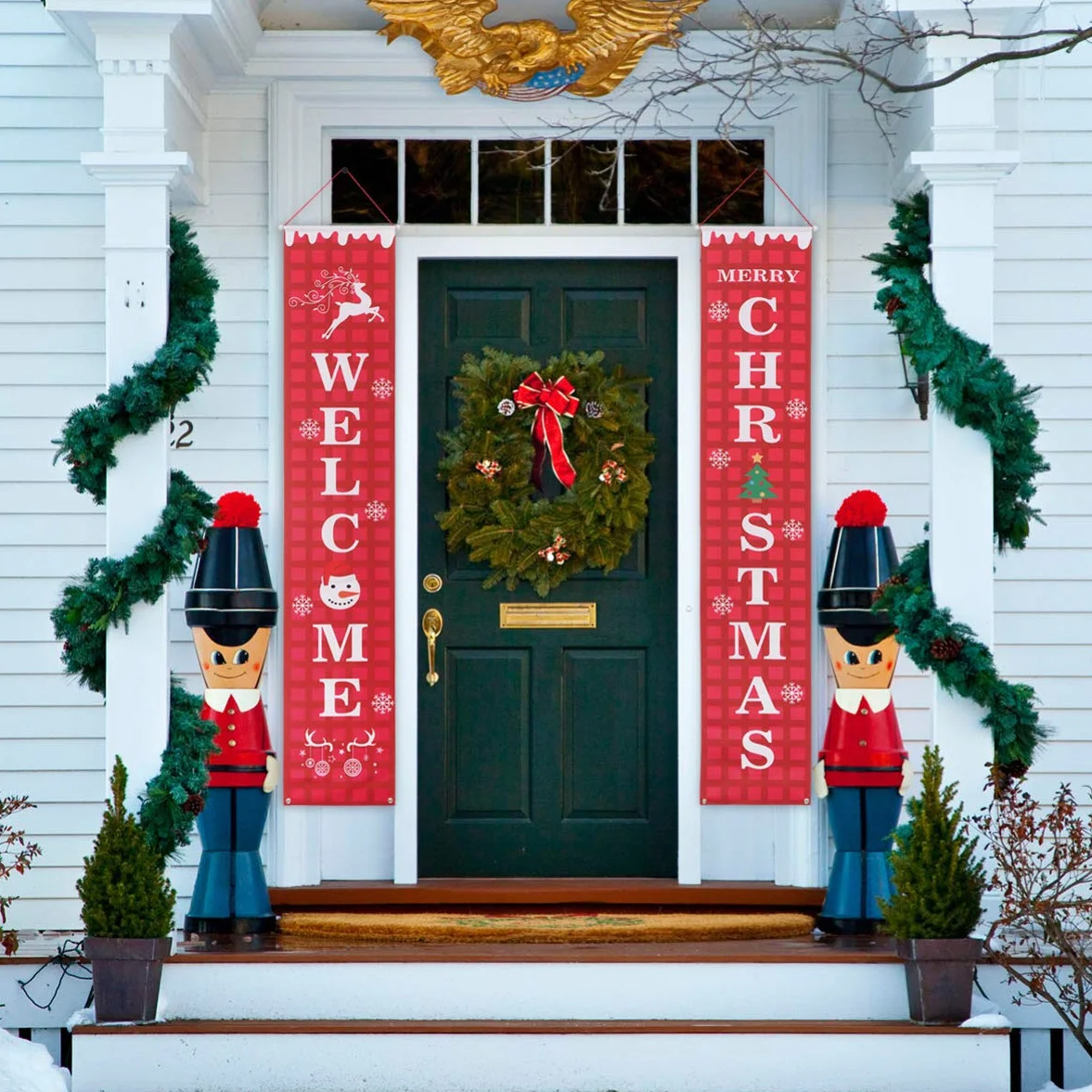 2pcs Reusable Oxford Cloth Waterproof Welcome Christmas Porch Sign Photo Props Wall Decor for Home Party