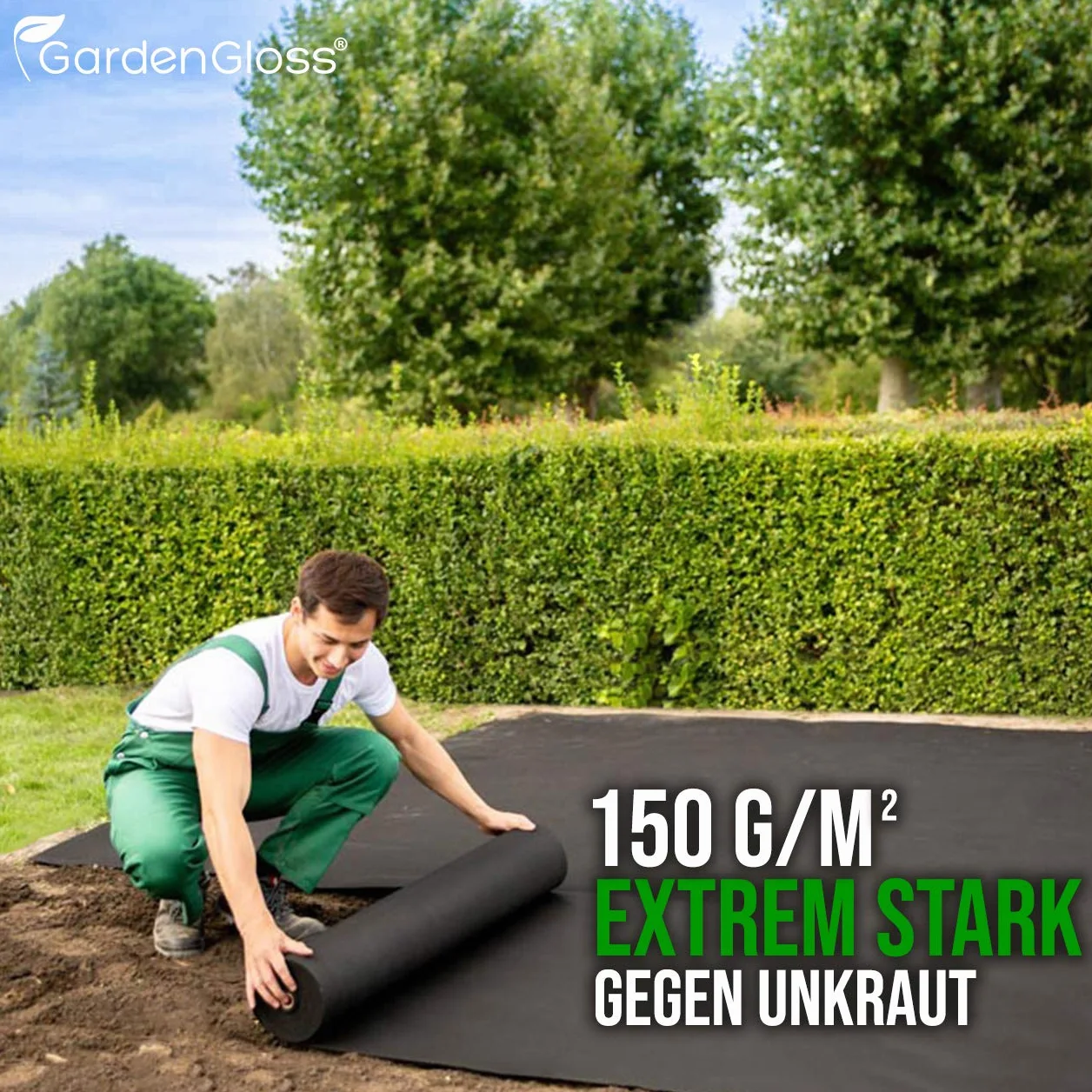 GardenGloss 30m2 Agrowłóknina Przeciw Chwastom 150g/m2 Extra Wytrzymała – Ekstremalnie Odporna na Rozdarcia i Wysoka Stabilizacja UV – Przepuszczalna Folia Przeciw Chwastom (15m x 2m, 1 Składana)