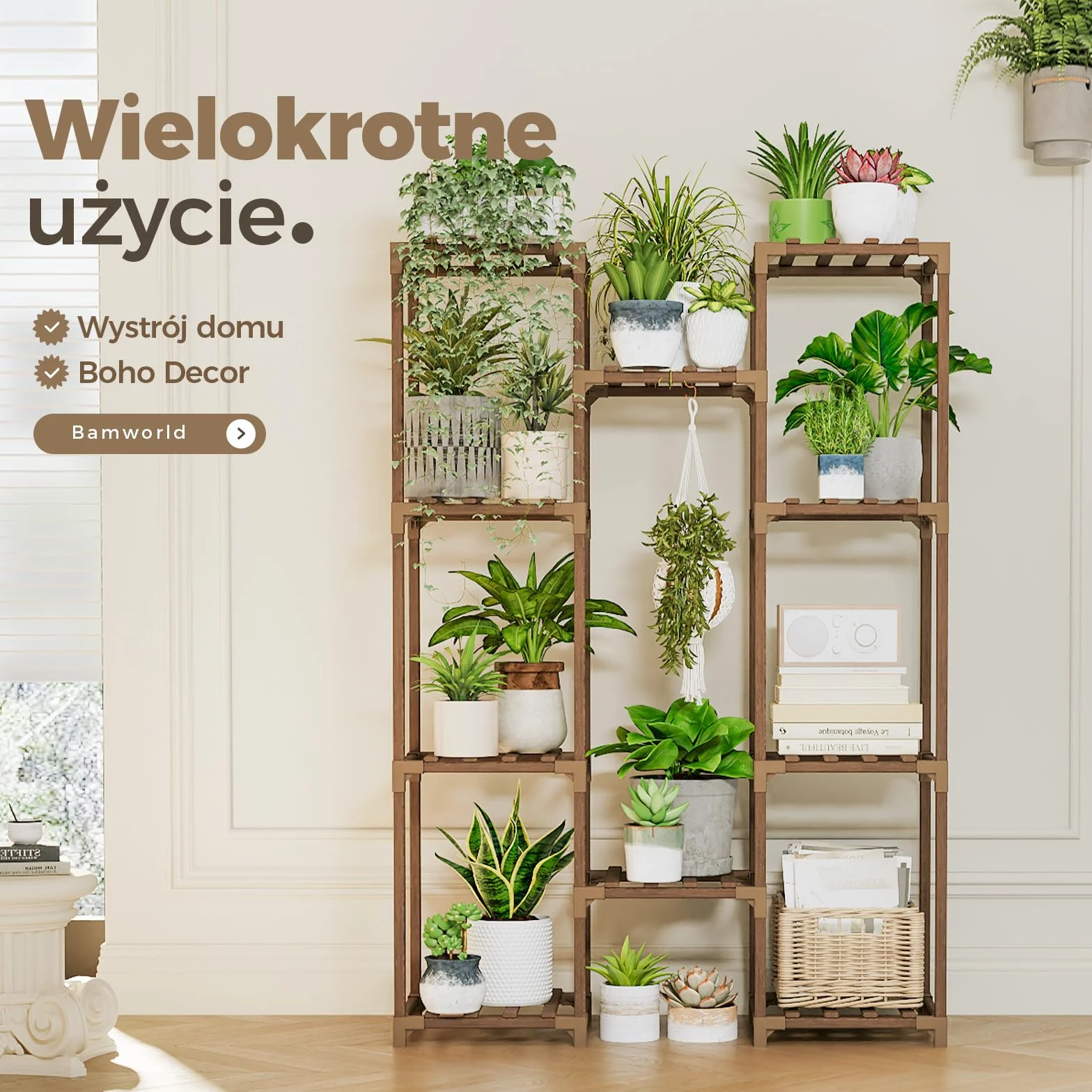 BAMWORLD Drewniana Wisząca Półka na Rośliny - Duży Stojak na Doniczki do Salonu/Tarasu/Balkonu, Brązowa Dekoracja Ogrodowa i Wnętrzowa