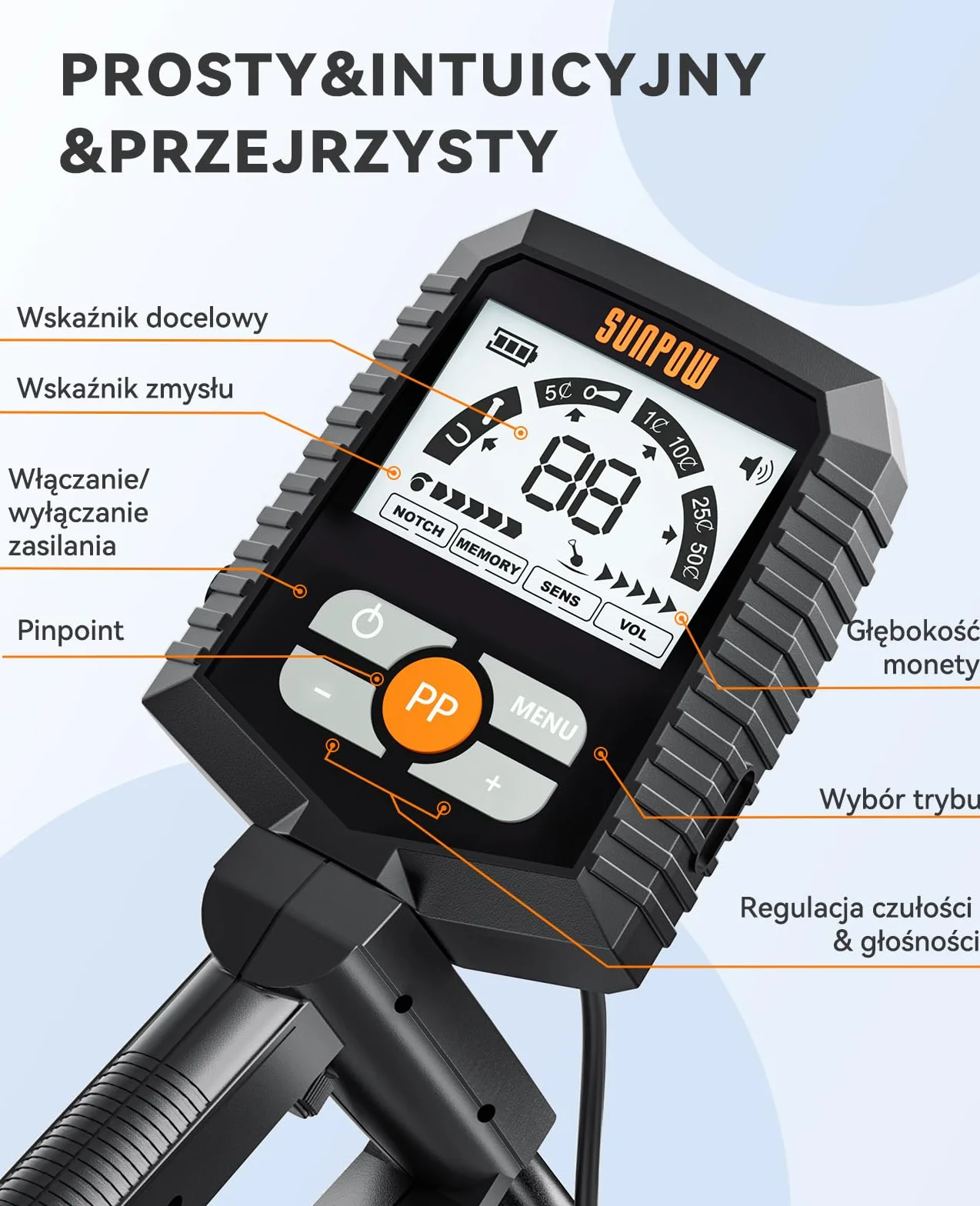 SUNPOW Profesjonalny Wykrywacz Metali dla Dorosłych i Dzieci – Ulepszony Chip, Wysoka Dokładność, 4 Tryby (All Metal, Notch, Pinpoint, Memory), LCD, Zestaw Kompletny