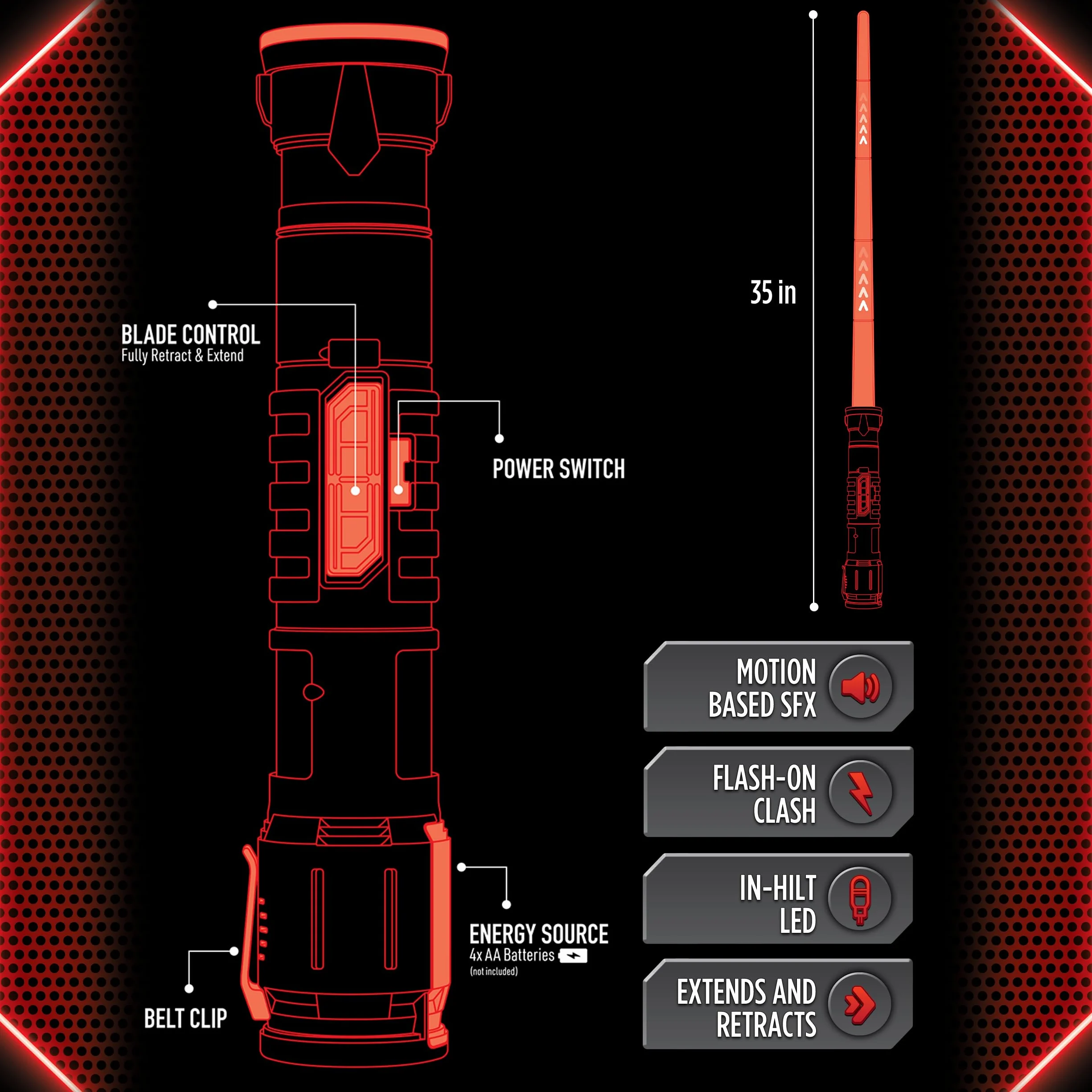 Czerwony | Automatyczne przedłużanie 76.2 cm LED Energy Blade | Z ruchem światłem i efektami dźwiękowymi | Zalecany wiek od 6 lat