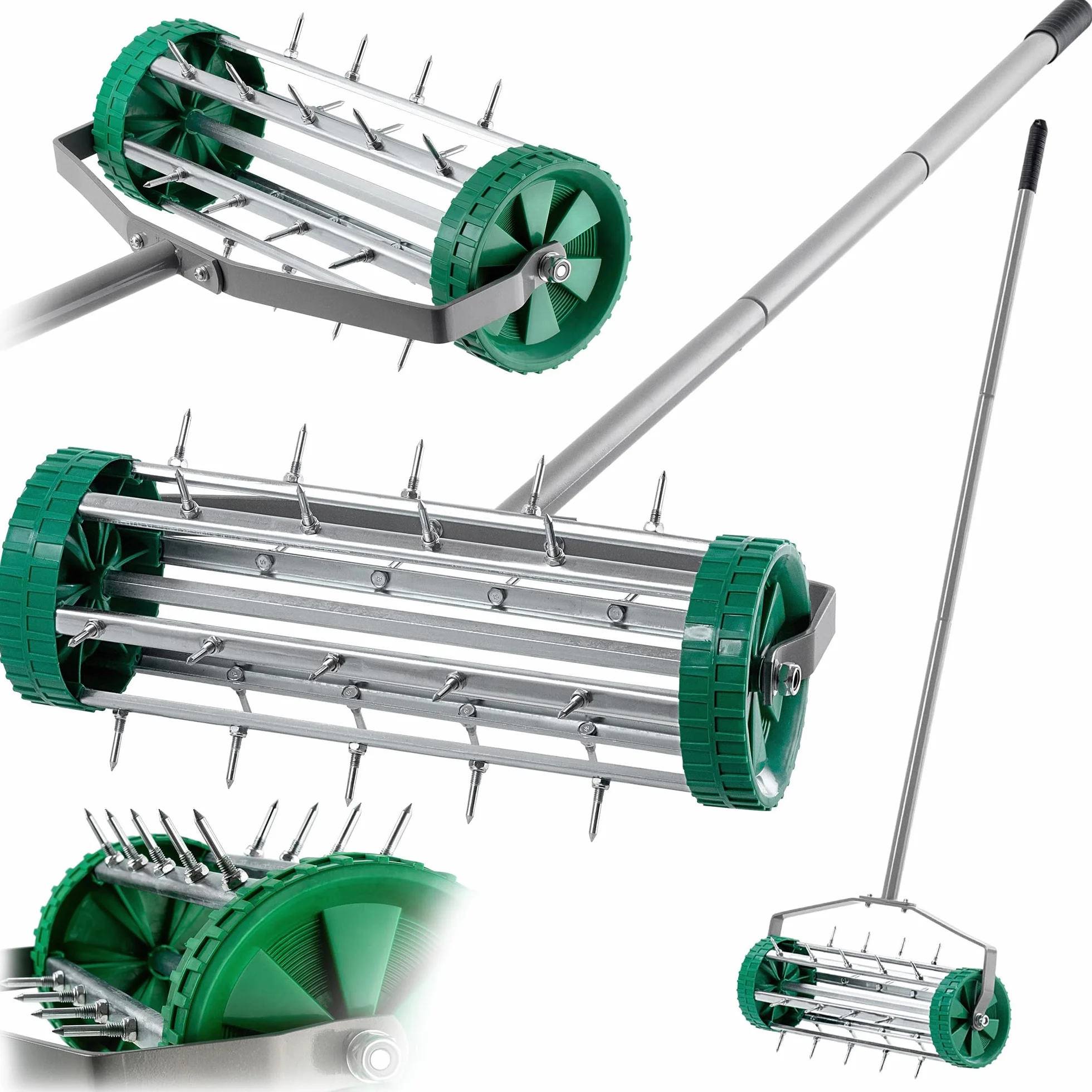 KADAX Ręczny wertykulator, napowietrzacz trawnika z wytrzymałej stali, ręczny aerator z gwoździami 3,3 cm, wentylator podłogowy z ergonomicznym uchwytem, wytrzymały wałek kolczasty (148 cm)