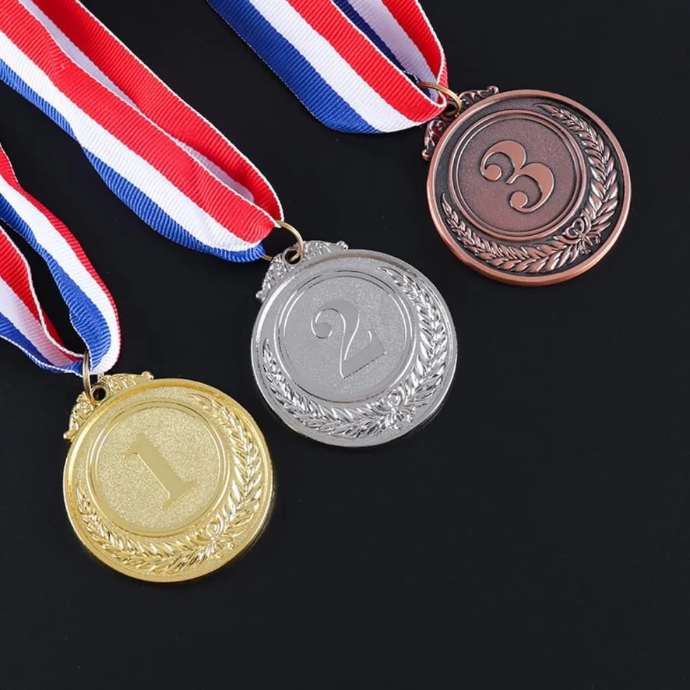 Medale metalowe złoty srebrny brąz 1 2 3 olimpijskie z wstążkami