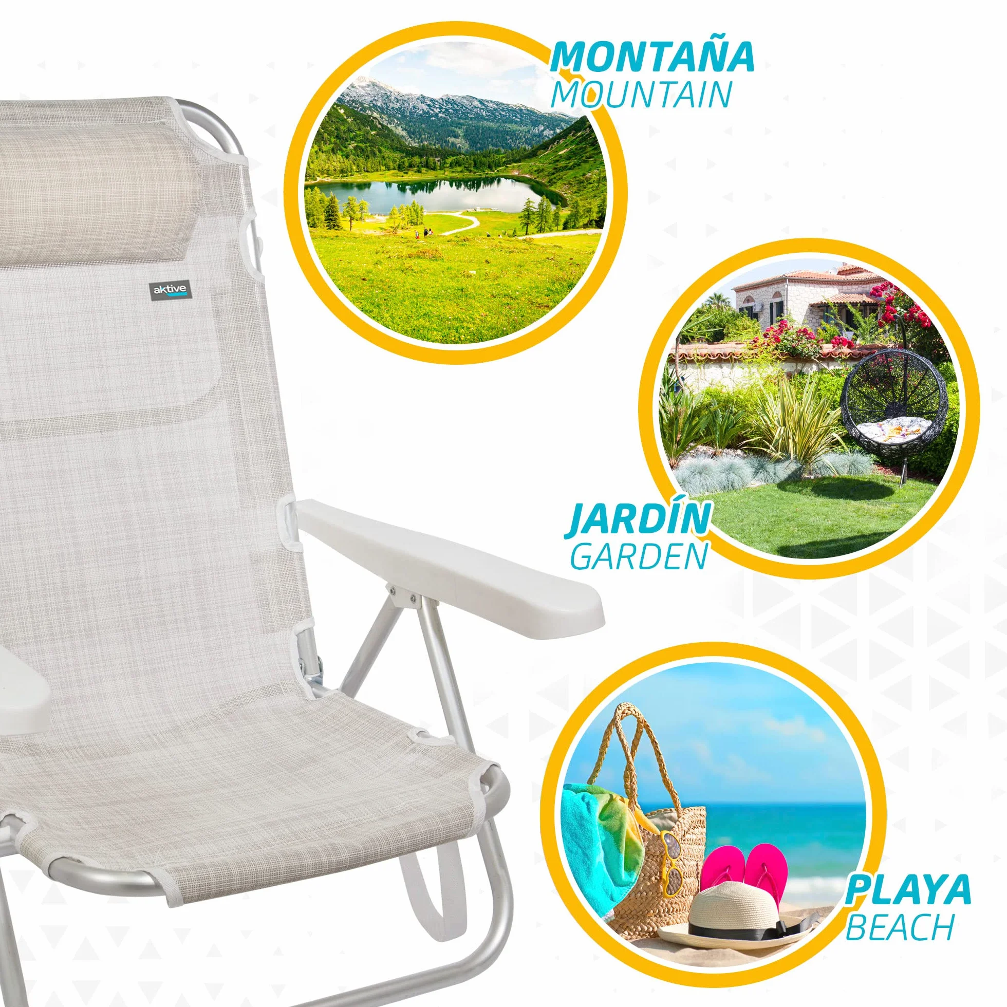 Aktive 62254-2-pak wielopozycyjnych składanych krzeseł, na plażę, do ogrodu, na taras lub kemping, 5 różnych pozycji, wysokość 21 cm, wymiary 48 x 45,5 x 84 cm, wzmocniony uchwyt do noszenia