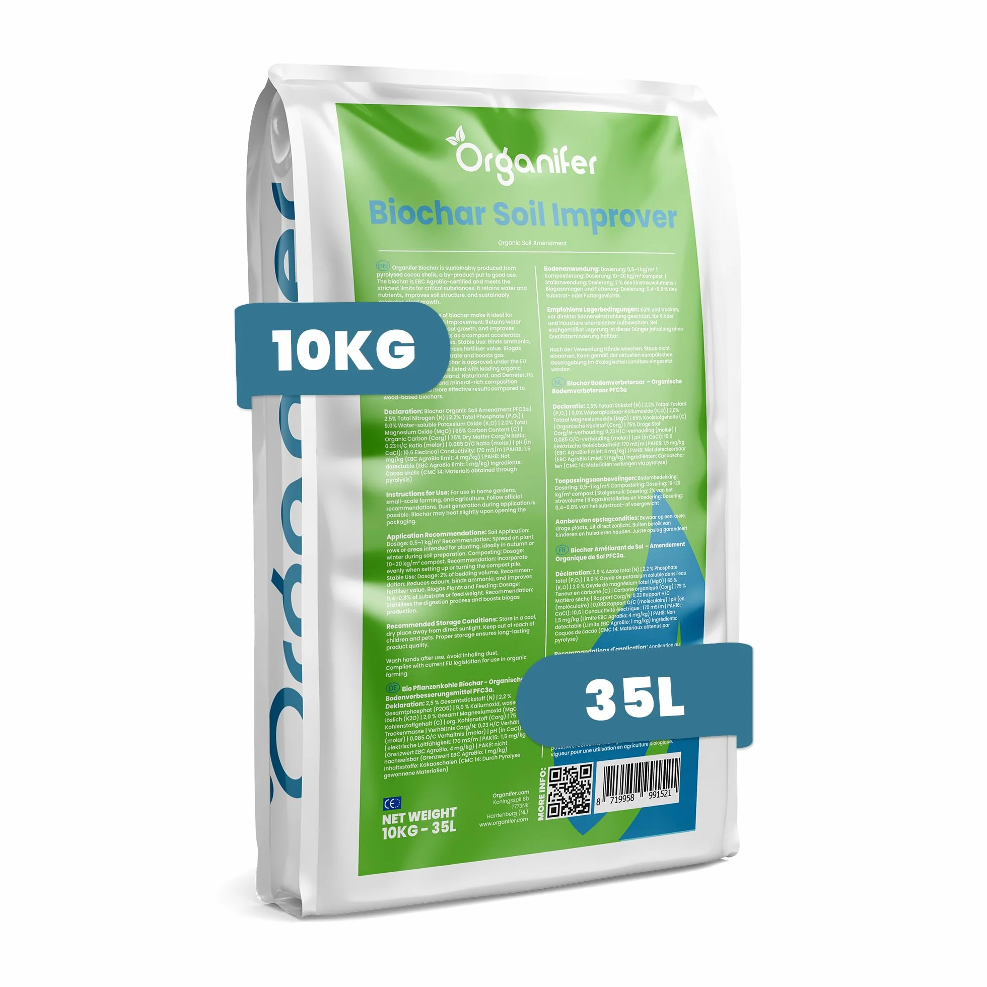 Biowęgiel poprawiający glebę - 10 kg na 35 l - Biowęgiel z łupin kakaowca - 65% wzbogacenie w węgiel organiczny dla retencji wody, żyzności i zrównoważonego rozwoju - Organifer