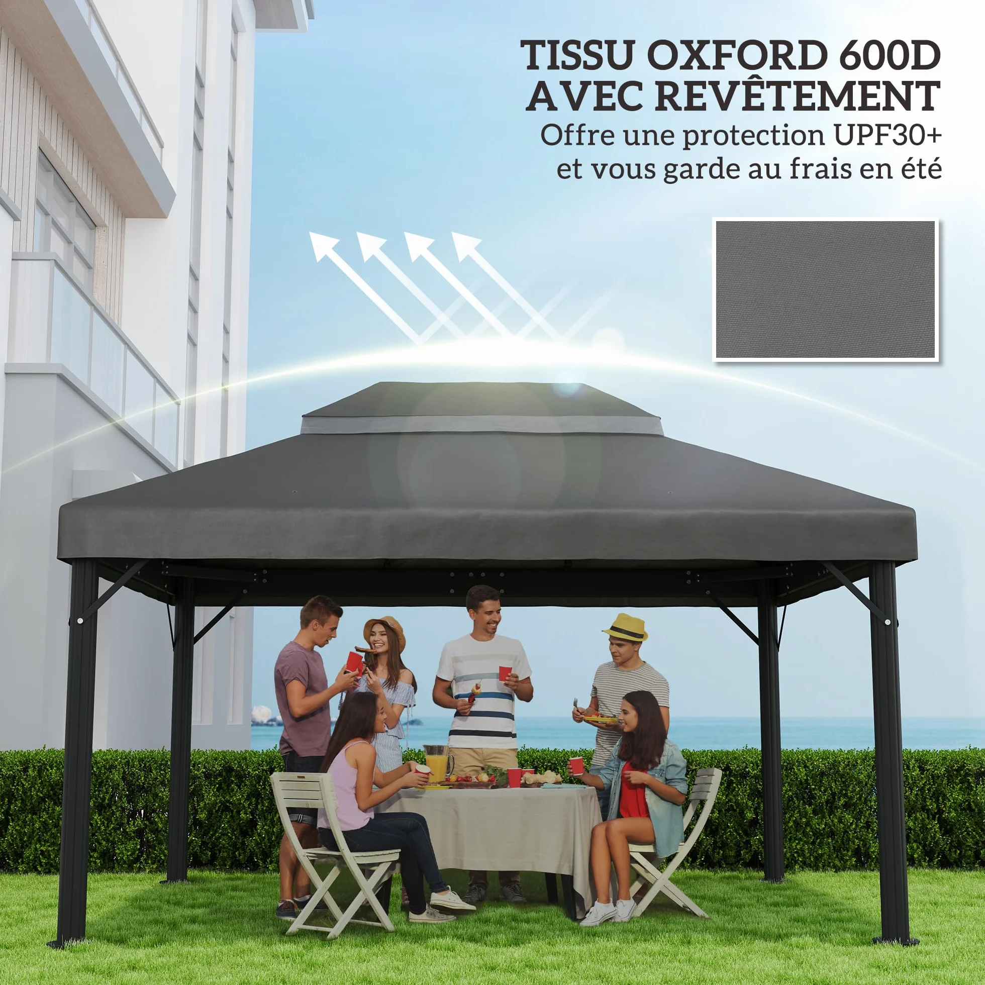 Outsunny Płótno zastępcze do pawilonu, 4 x 3 m, podwójny dach z otworami drenażowymi, poliester o wysokiej gęstości 370 g/m², ochrona przeciwsłoneczna UPF30+ TYLKO PŁÓTNA, ciemnoszara