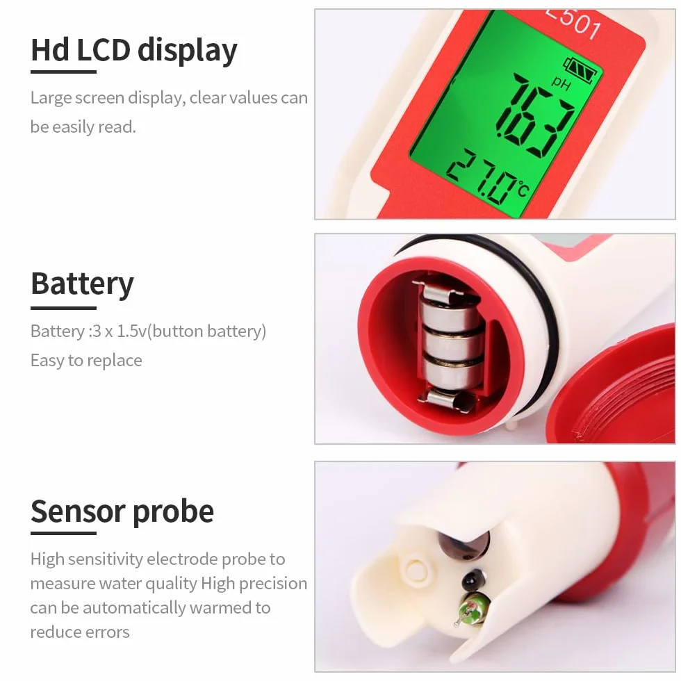 OBEST Miernik chloru i pH basen 5 w 1, phmetr ORP H2 Temperatura, test twardości wody, tester pH do basenu z wyświetlaczem LCD, miernik pH wody pitnej, spa lub laboratorium