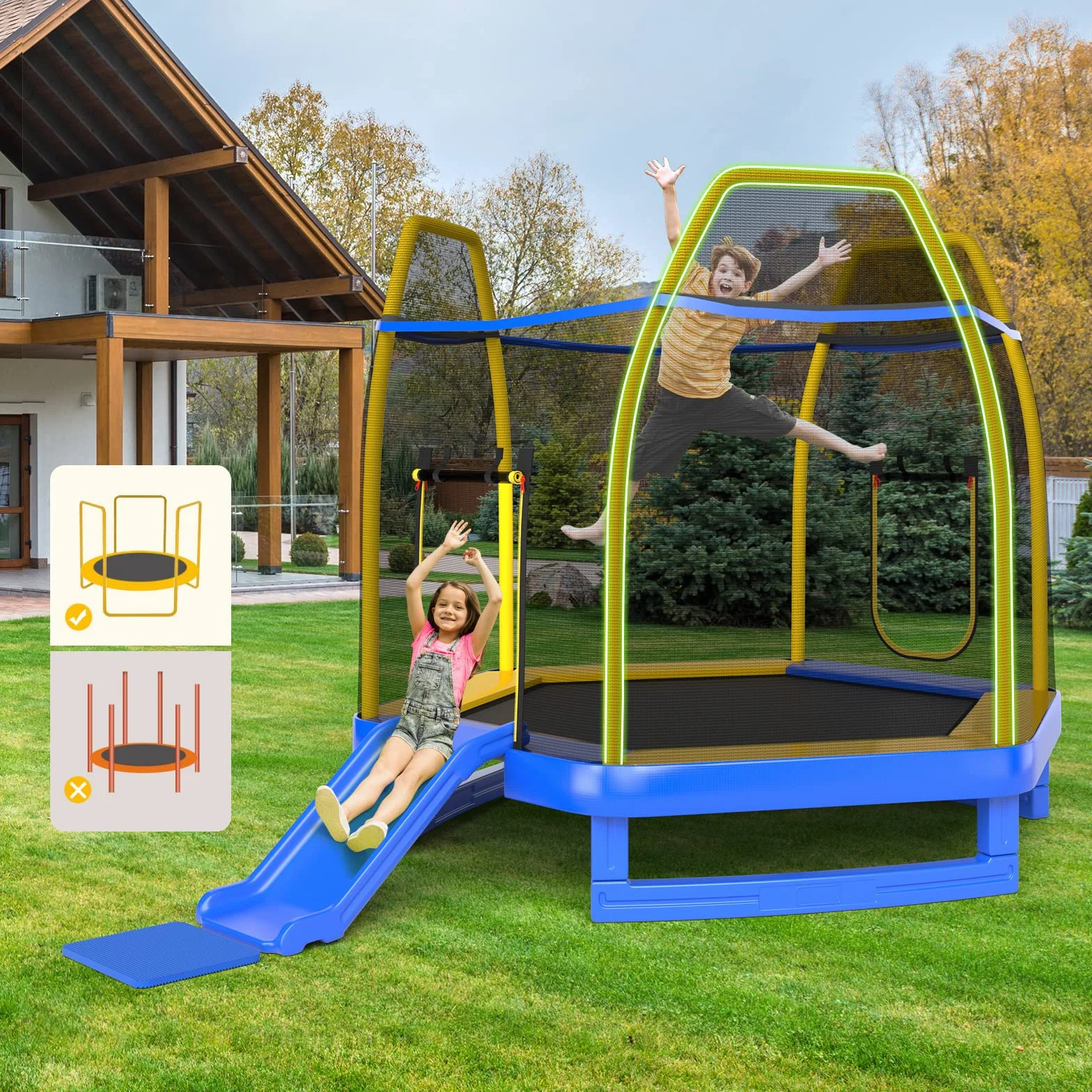 COSTWAY φ223 cm trampolina ogrodowa ze zjeżdżalnią, trampolina zewnętrzna do 270 kg, trampolina dziecięca z drabinką, siatką zabezpieczającą, osłoną krawędzi i piłkami oceanicznymi, dla 3+ lat
