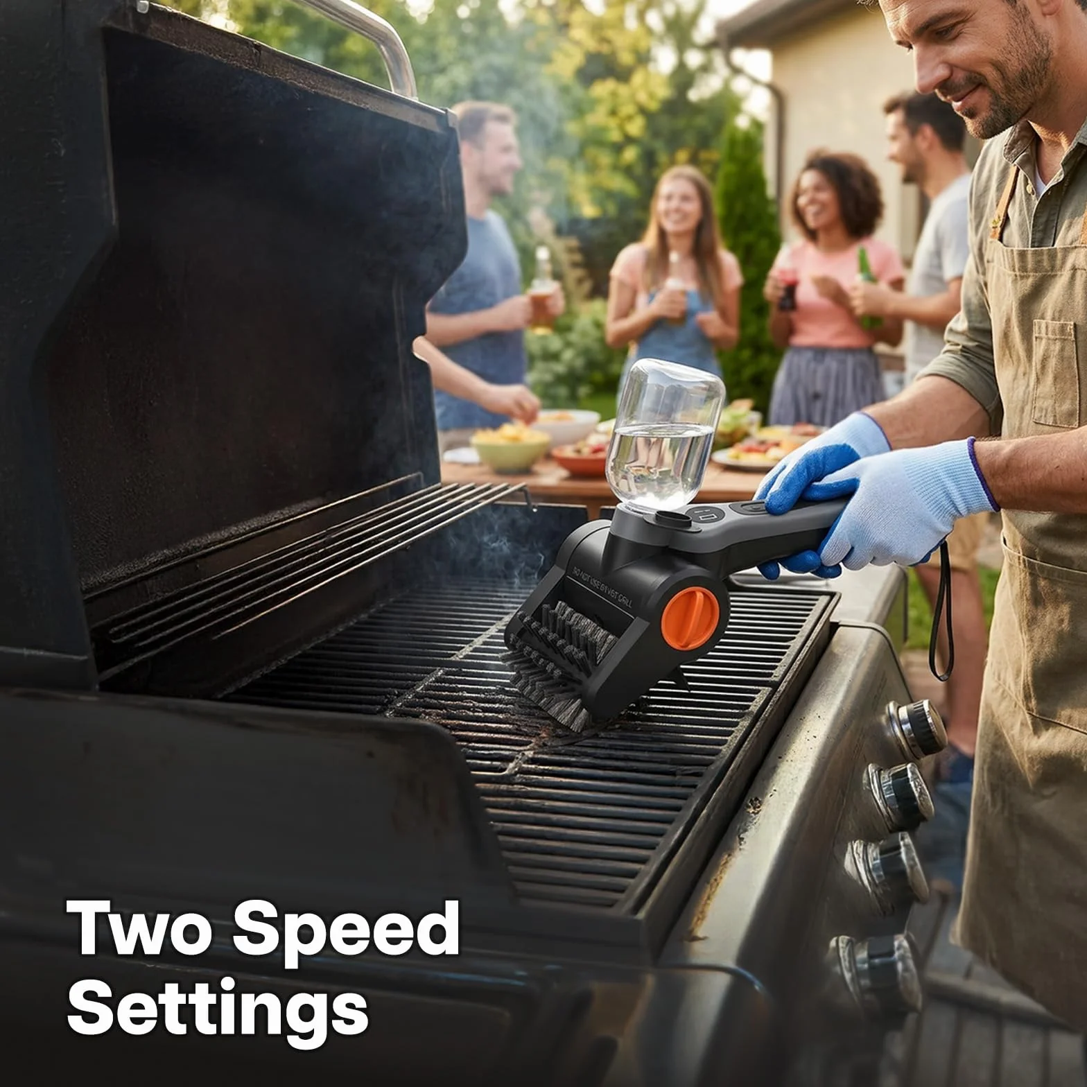 Elektryczna Szczotka do Grilla z Zbiornikiem Wody 300ml firmy MMOBIEL – Bezprzewodowy Środek do Czyszczenia BBQ z 2 Prędkości, Silnik 100W, Ładowanie USB-C, Ergonomiczny Uchwyt, Etui i Rękawice
