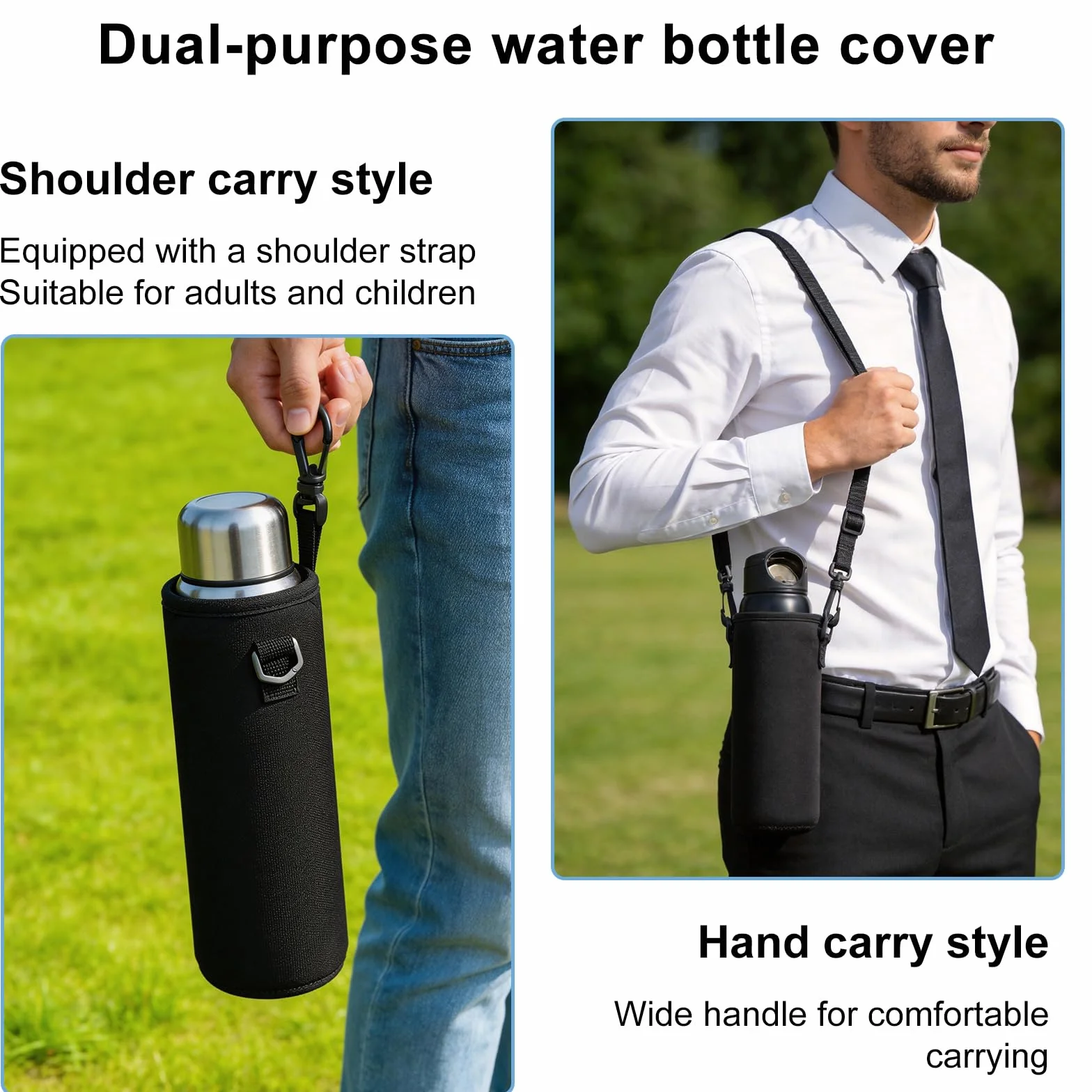 Neopren Wasserflaschenhülle 1L mit Gurt Thermohalter für Edelstahl und Plastikflaschen Schwarz