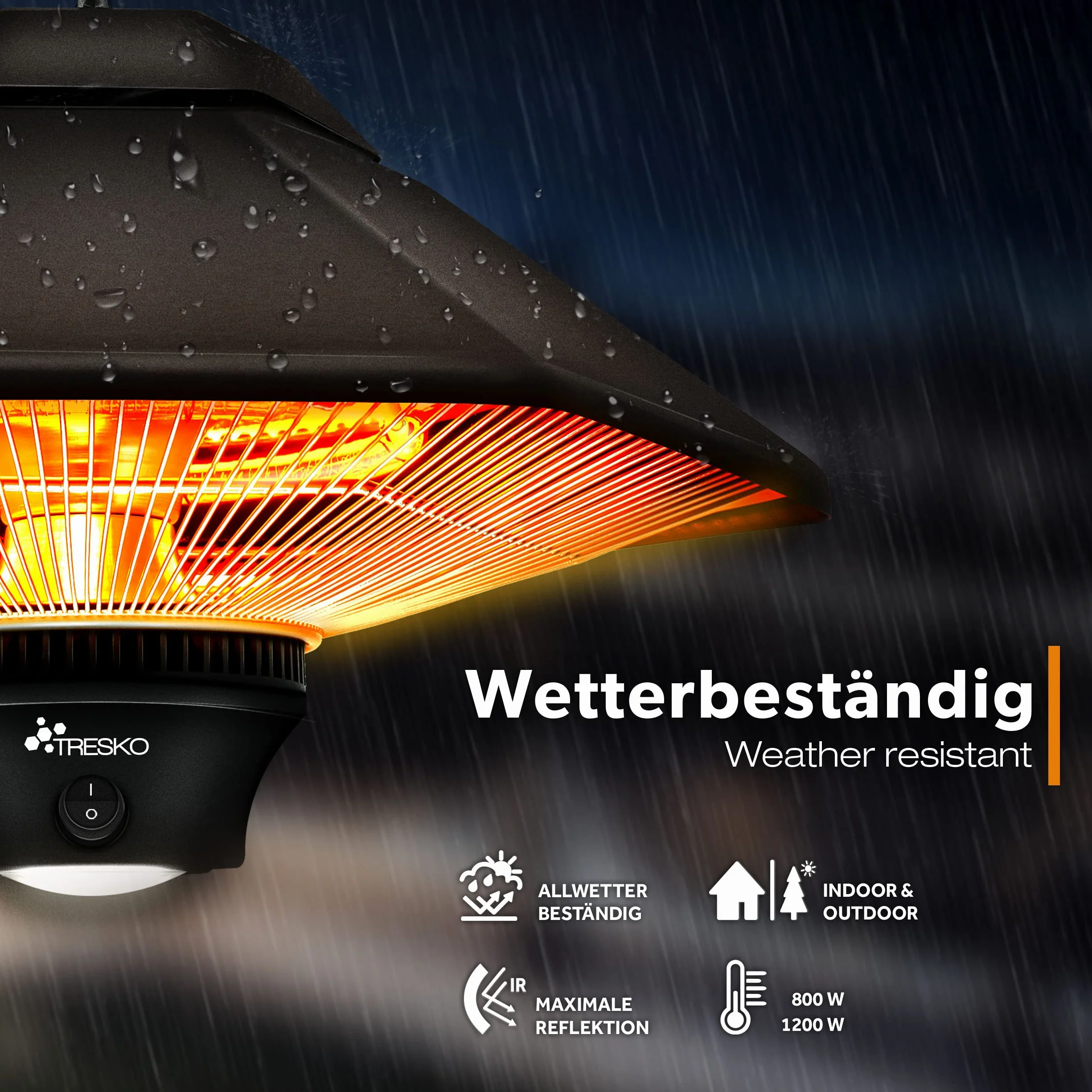 TRESKO Promiennik sufitowy 1200 W z pilotem zdalnego sterowania, promiennik ciepła z 2 stopniami ogrzewania, promiennik tarasowy, ogrzewanie na podczerwień, do wewnątrz i na zewnątrz, promiennik podczerwieni, do namiotu, na taras