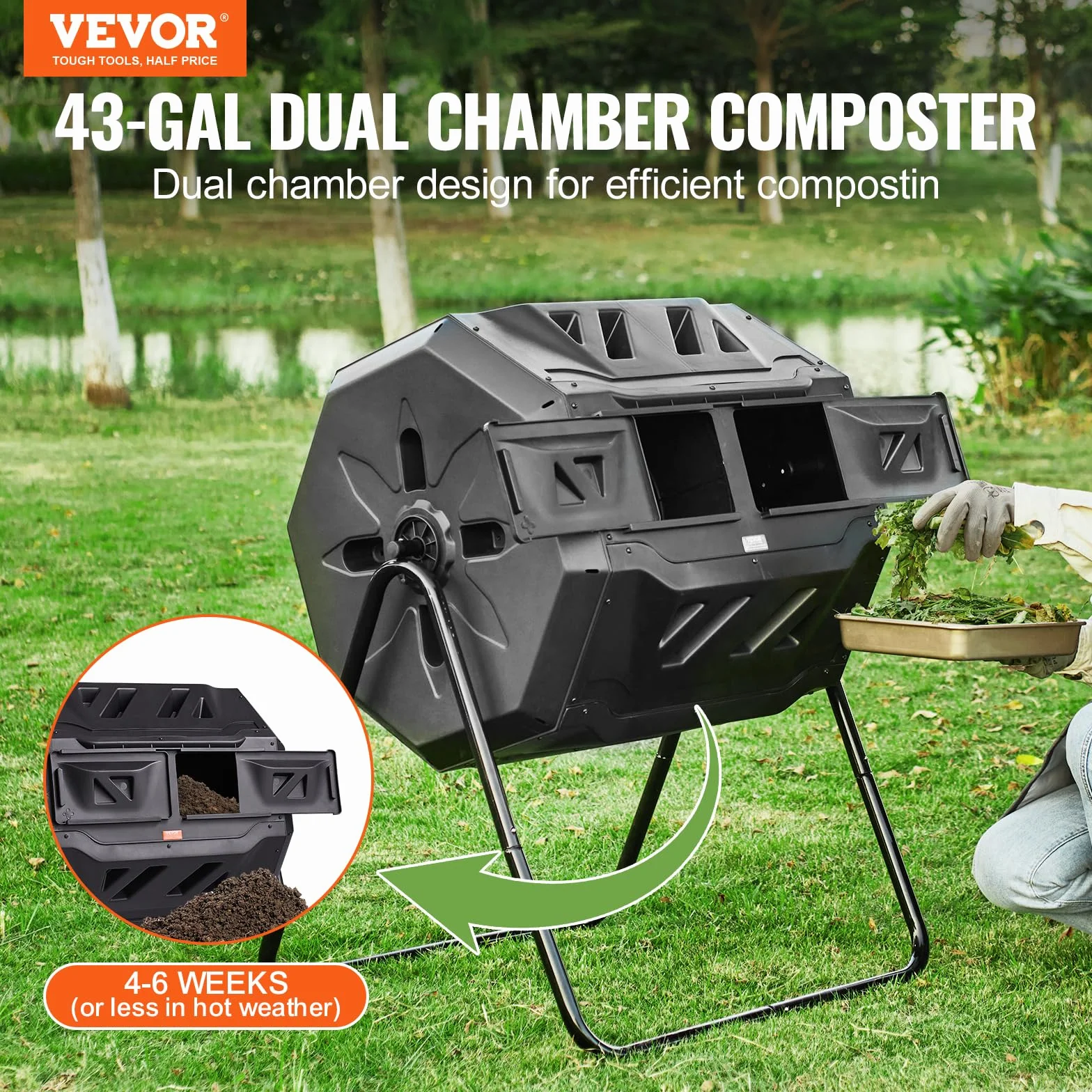 VEVOR Tumbling kompostownik kompostownik Tumbler 162,7 l, obrotowy kompostownik z podwójną przestrzenią, 735 x 625 x 955 mm, 50 kg obciążalny pojemnik na kompost ogrodowy, w zestawie rękawice
